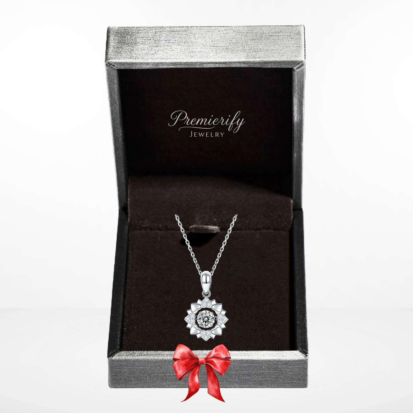 Silver necklace with a flower and heart pendant in a Premierify Jewelry box on a white background