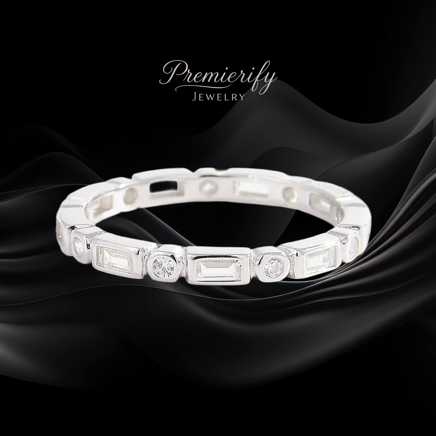 Silver bracelet with gemstones on a black fabric background, featuring the 'Premierify Jewelry' brand.