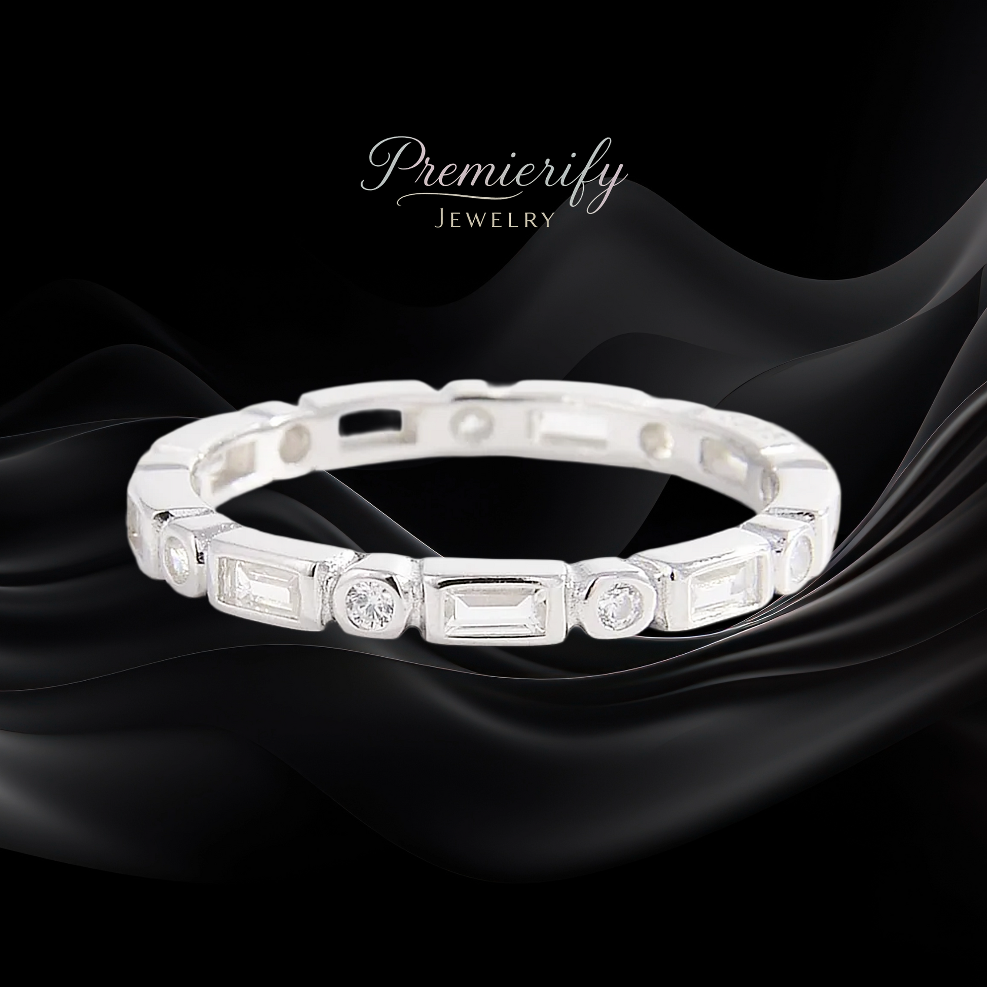 Silver bracelet with gemstones on a black fabric background, featuring the 'Premierify Jewelry' brand.