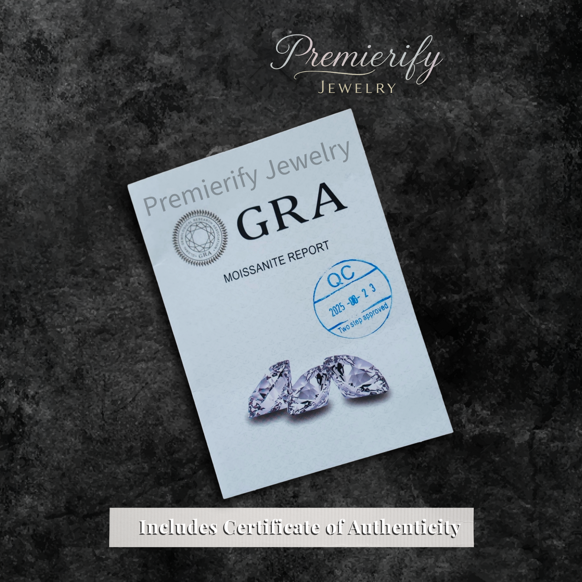 Premierify Jewelry moissanite report card with two diamonds on a dark textured background.