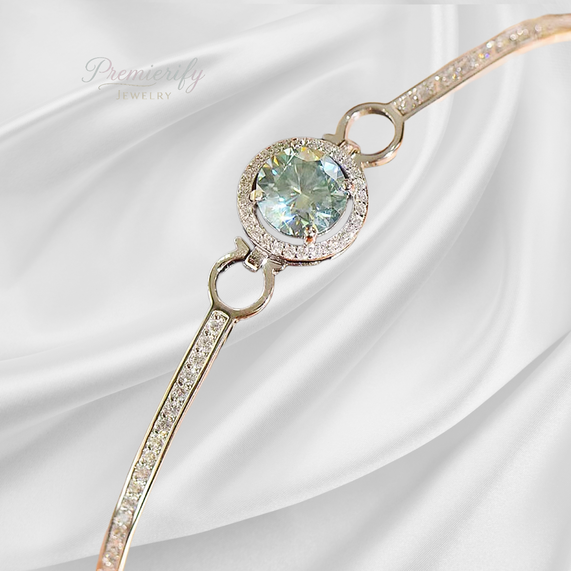 Moissanite tennis bracelet on white background.