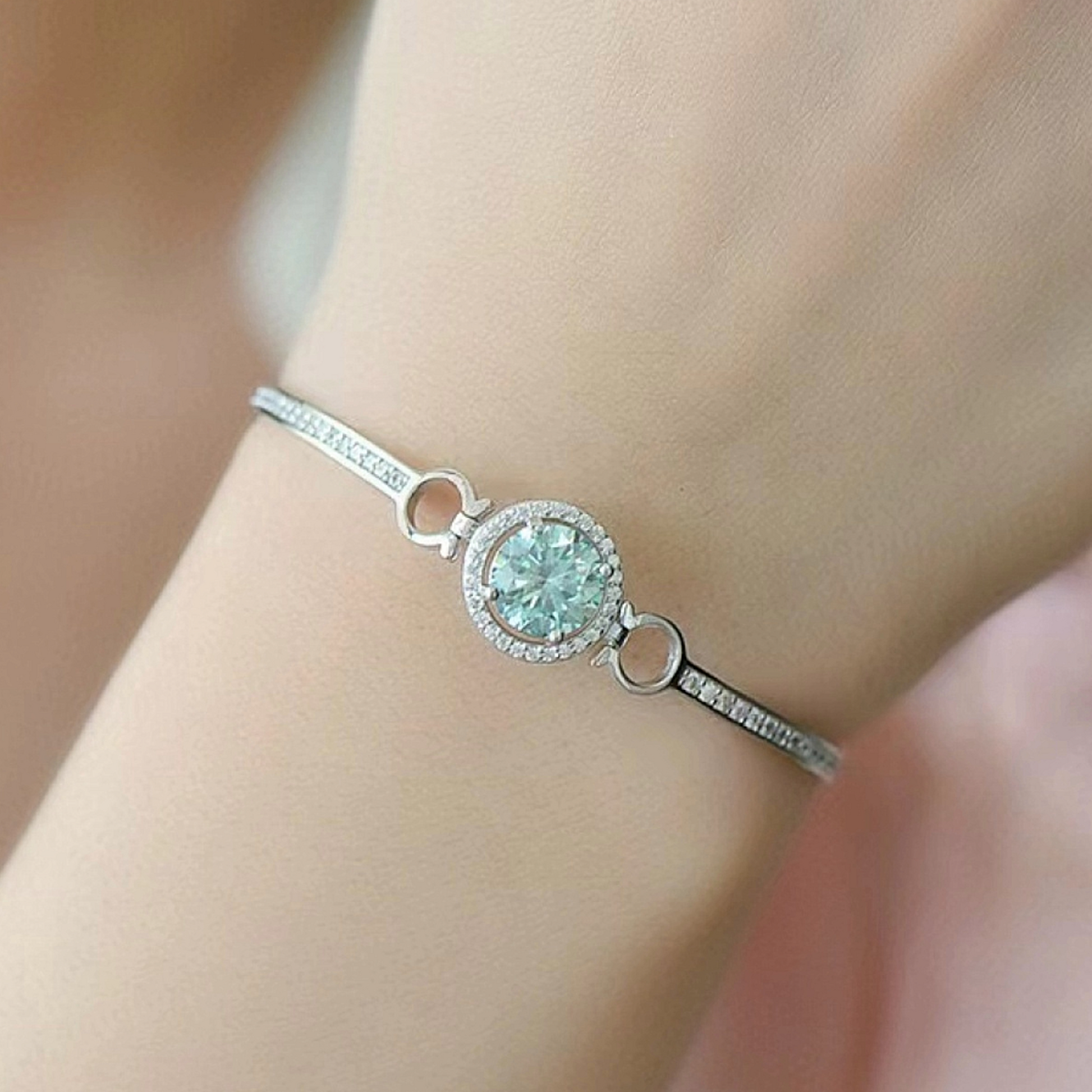 Moissanite tennis bracelet on model.