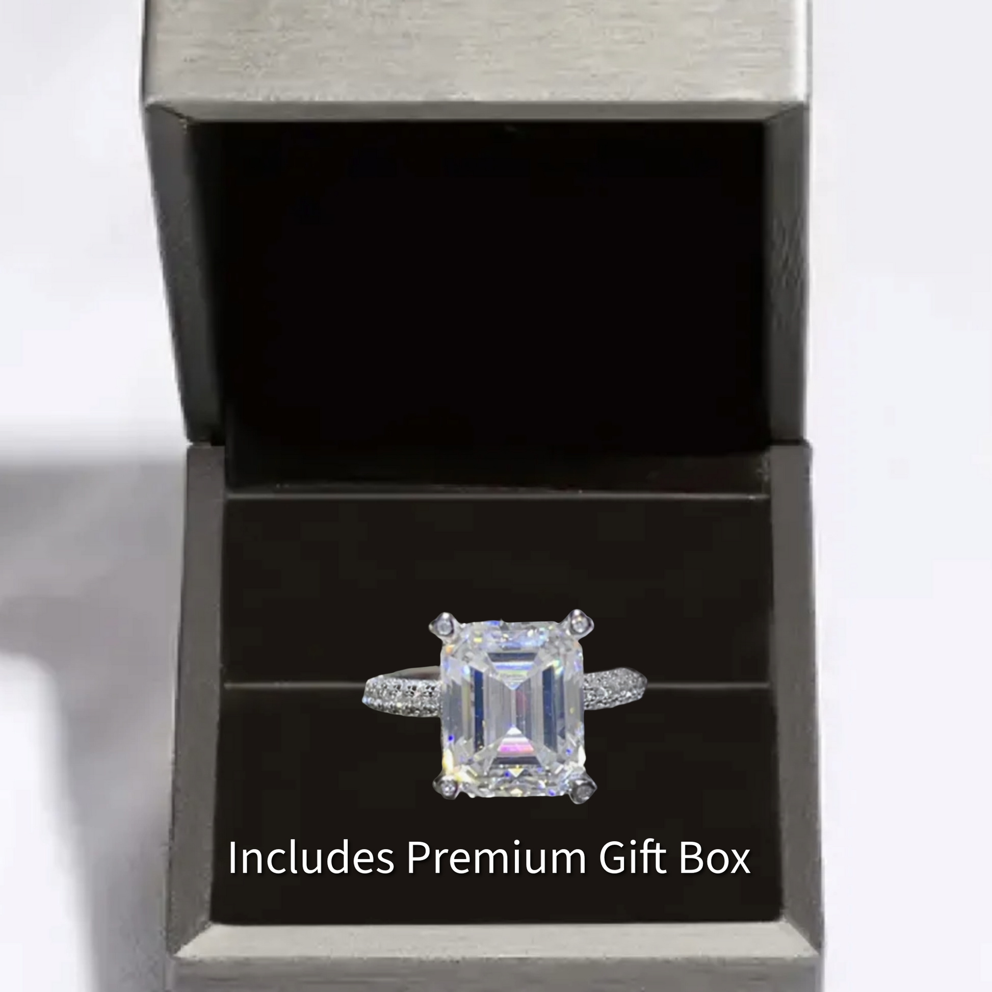 Diamond ring in a premium gift box with text 'Includes Premium Gift Box'.