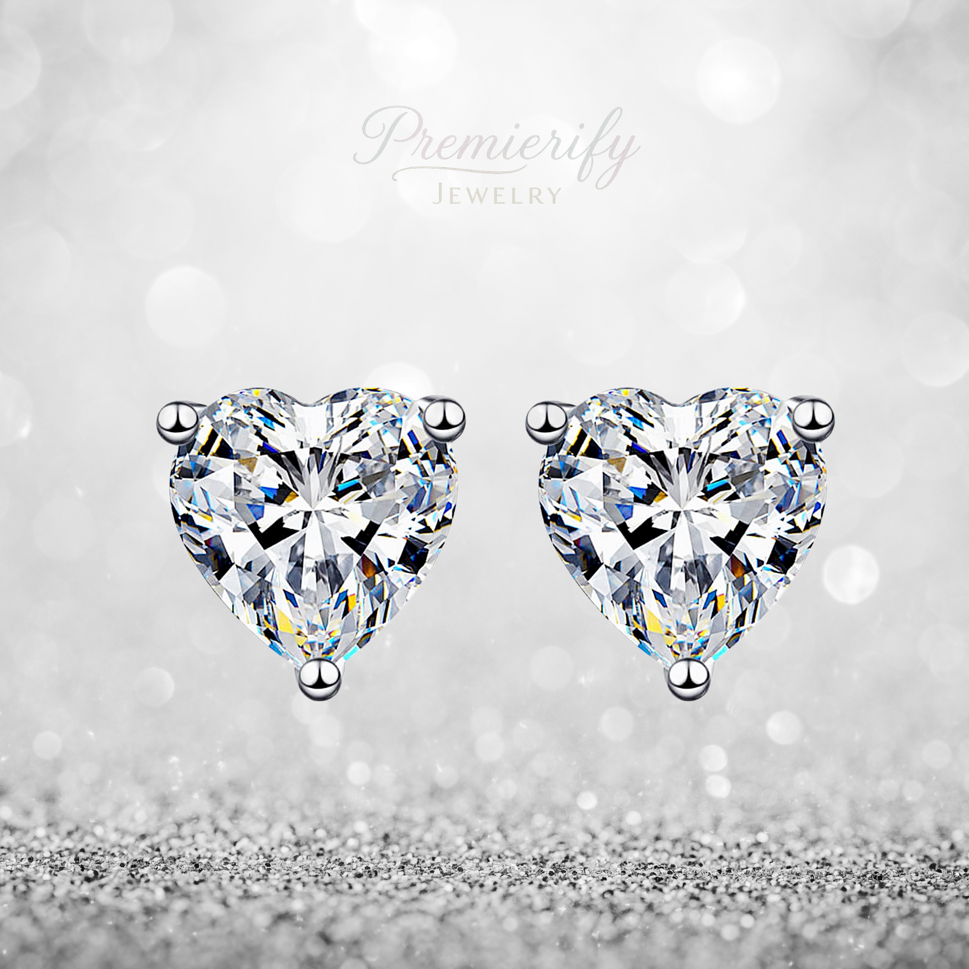 Heart-shaped diamond earrings on a silver background with 'Premierify Jewelry' branding.