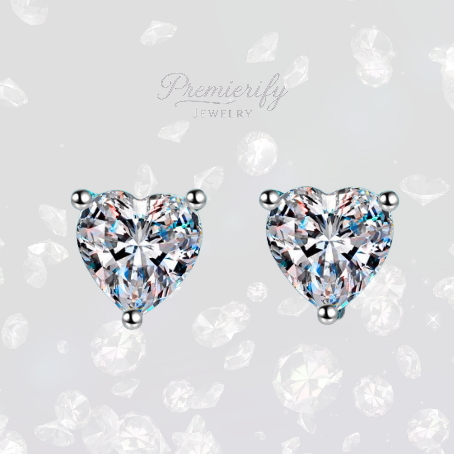 Heart-shaped diamond earrings on a light gray background with 'Premierify Jewelry' branding.