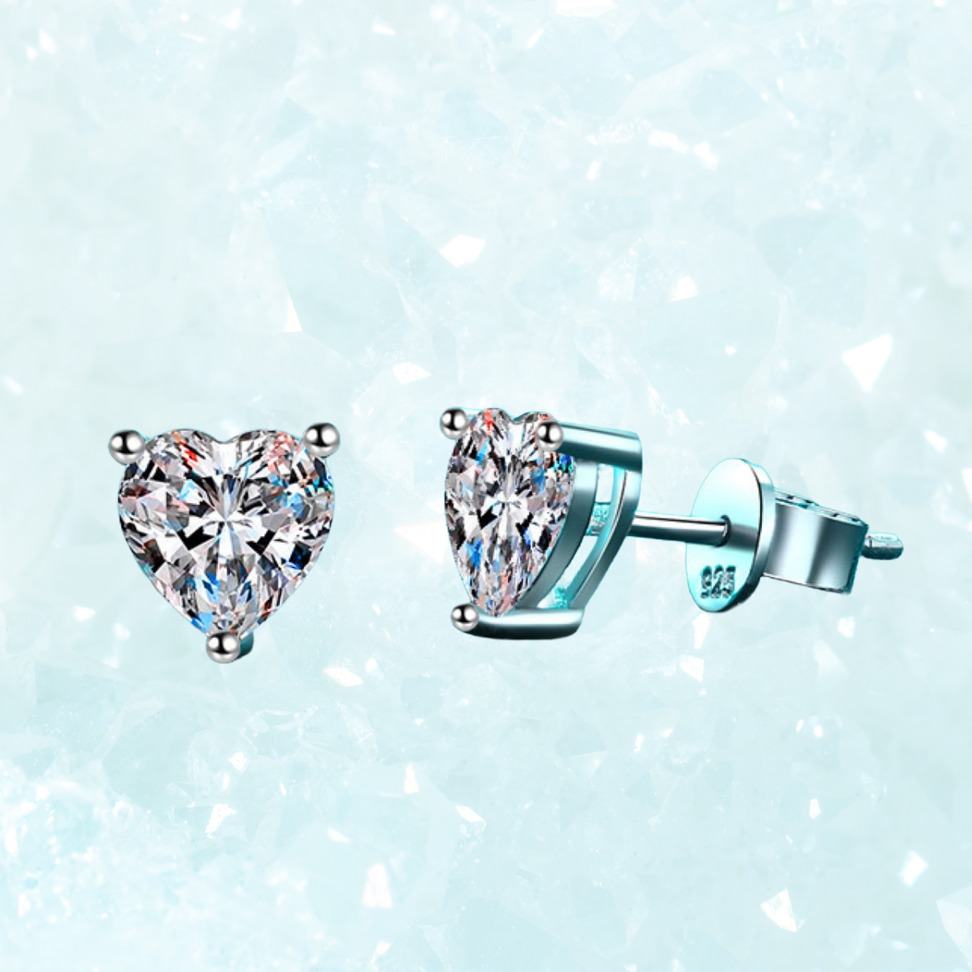 Heart-shaped diamond stud earrings on a light blue background