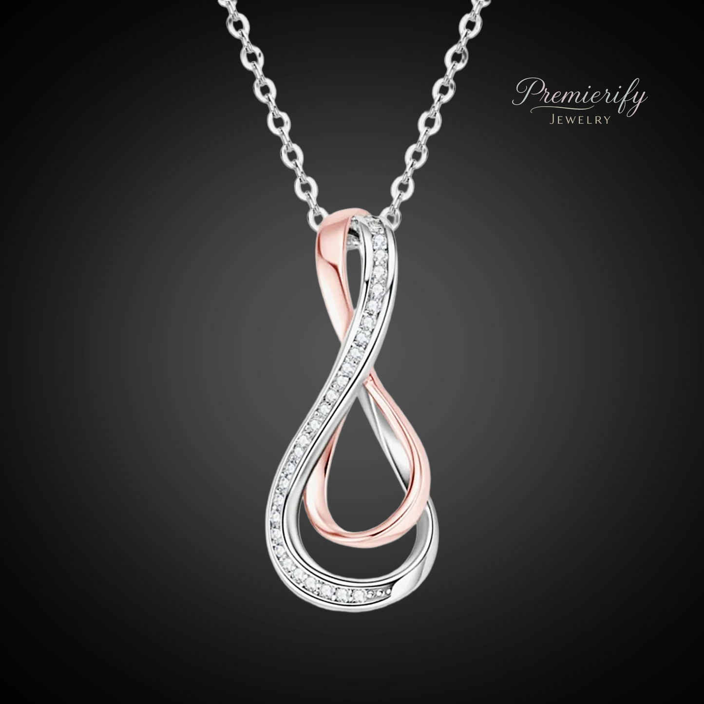 Two-toned infinity pendant necklace on a dark background with 'Premierify Jewelry' branding.