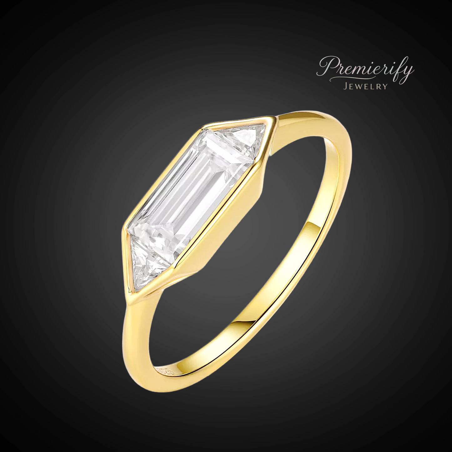 Gold ring with a diamond on a dark background, branded 'Premierify Jewelry'.