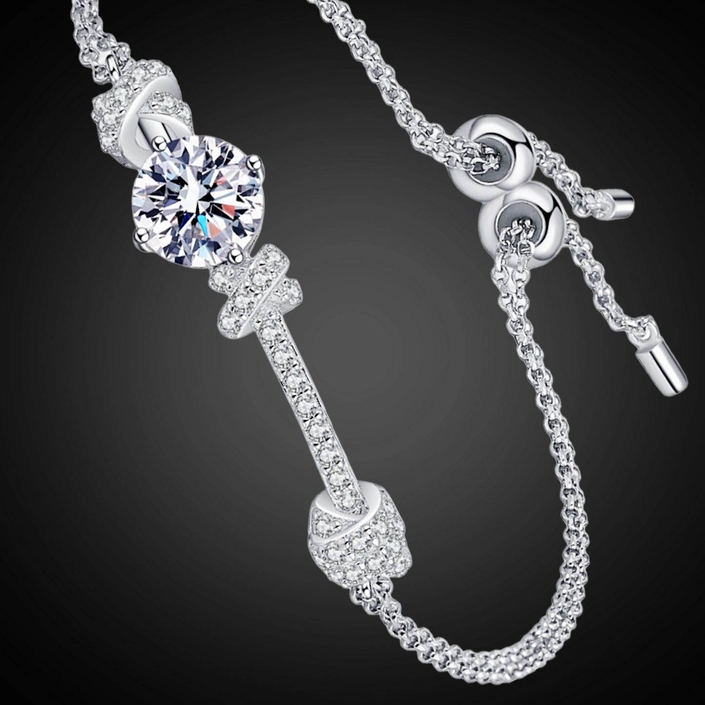 Silver necklace with a key pendant on a black background