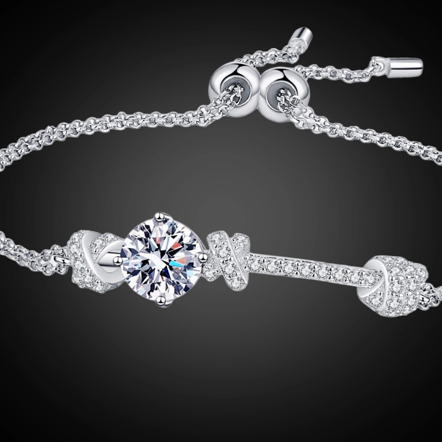 Silver bracelet with a prominent diamond on a dark background
