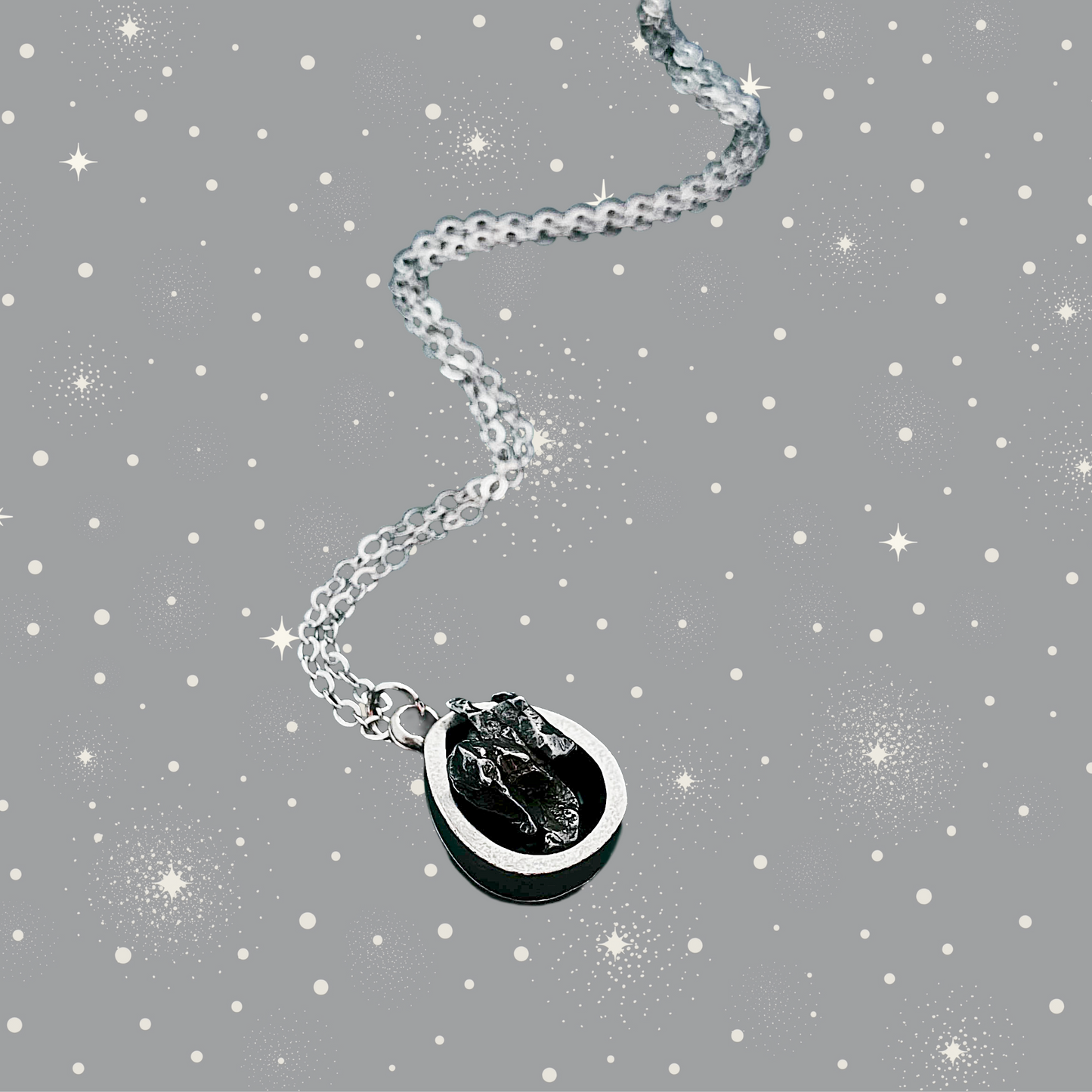 Small Teardrop Meteorite – Silver Cosmic Pendant Necklace