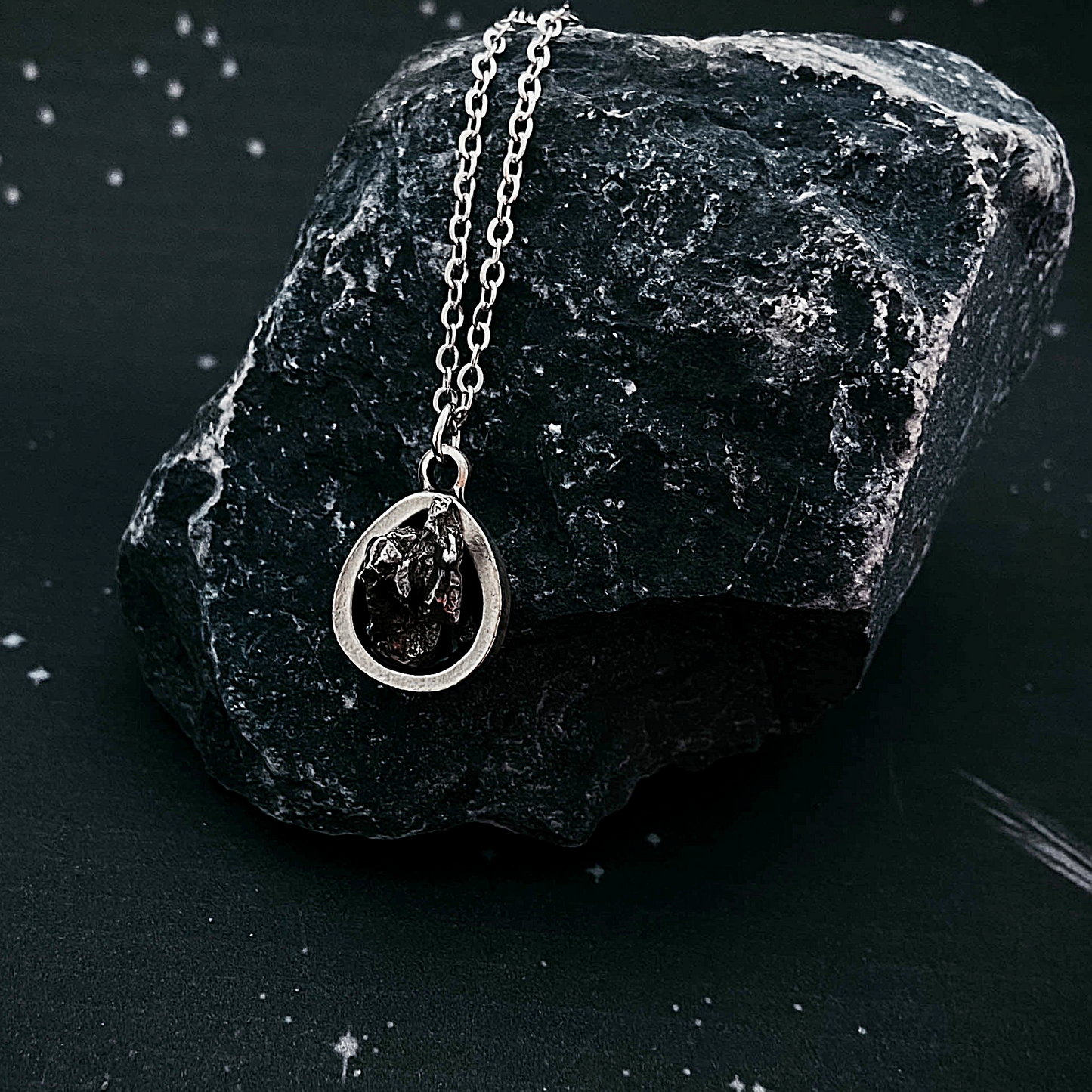 Small Teardrop Meteorite – Silver Cosmic Pendant Necklace