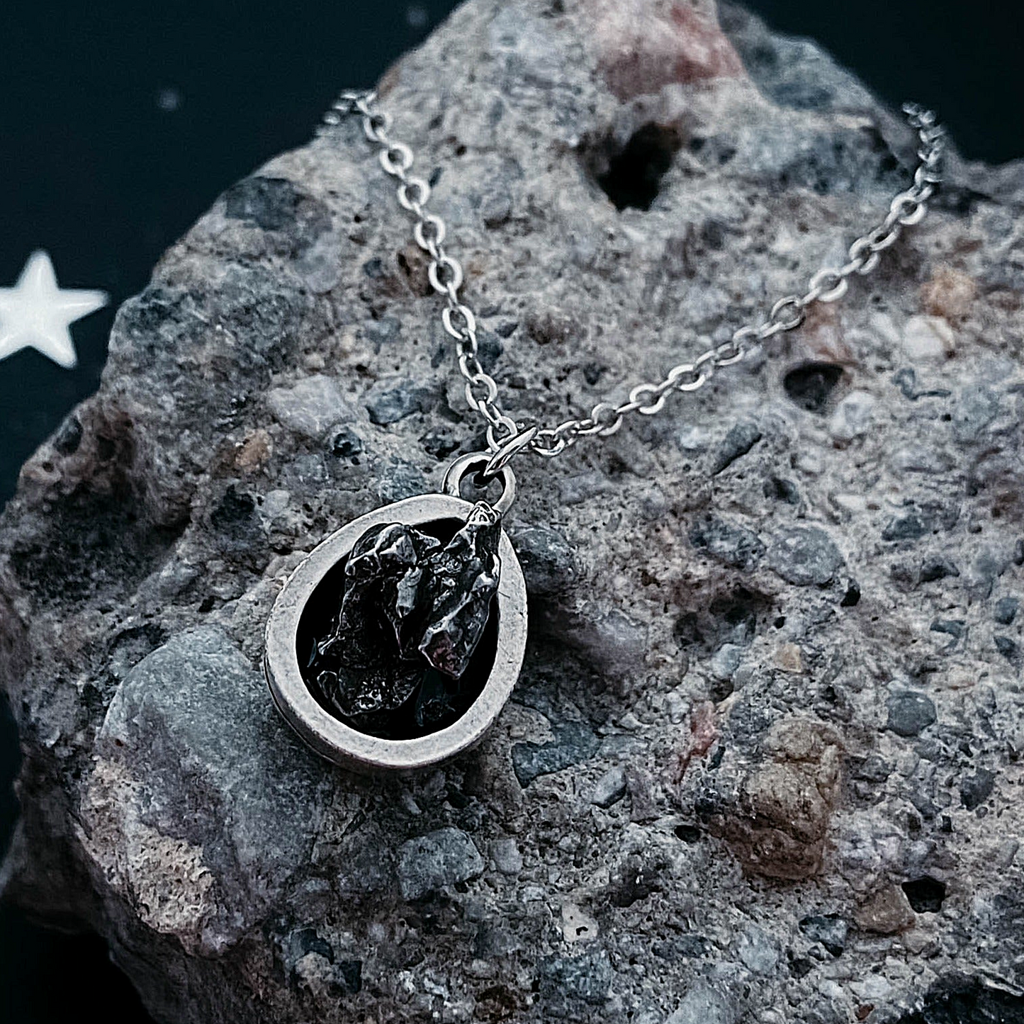 Small Teardrop Meteorite – Silver Cosmic Pendant Necklace