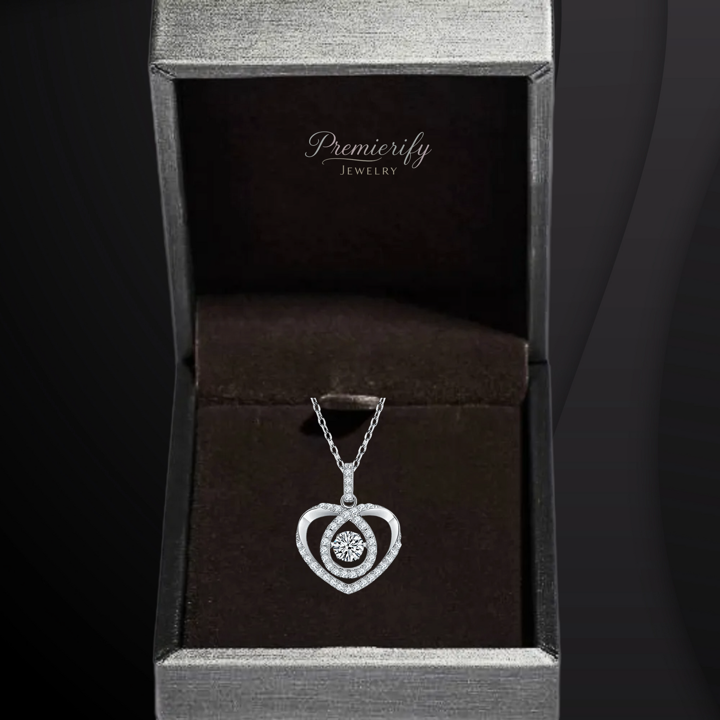 Diamond pendant in a 'Premierify Jewelry' box on a dark background