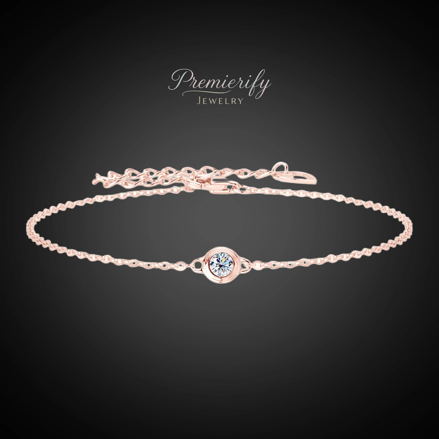 Rose gold bracelet with a central gemstone on a dark background, branded 'Premierify Jewelry'.