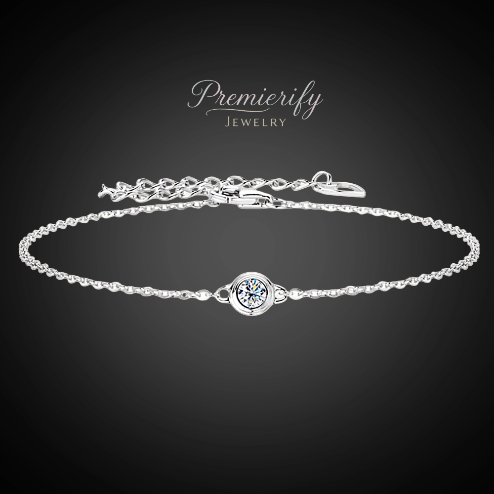Silver bracelet with a central gemstone on a dark background, branded 'Premierify Jewelry'.