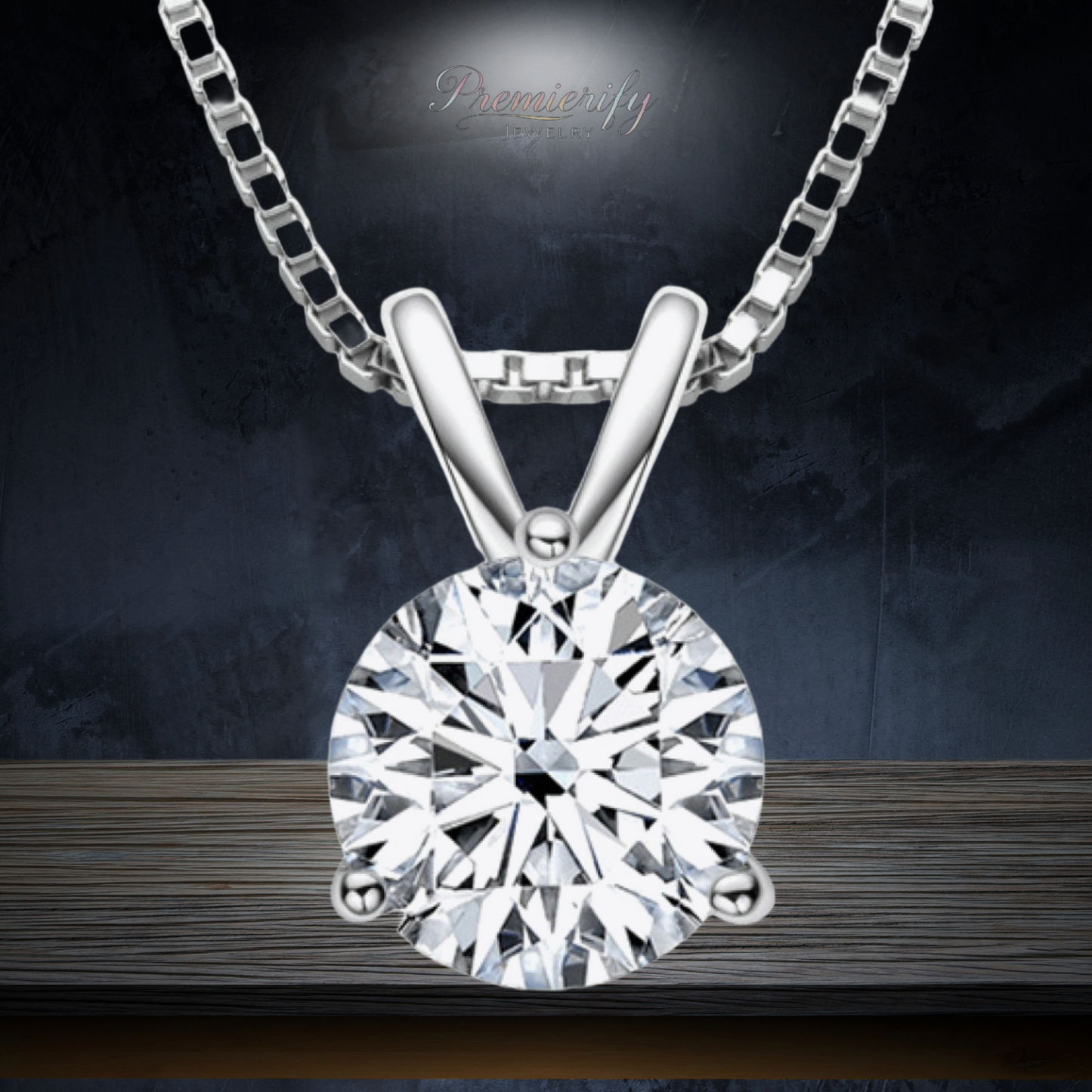 Silver necklace with a diamond pendant on a dark background