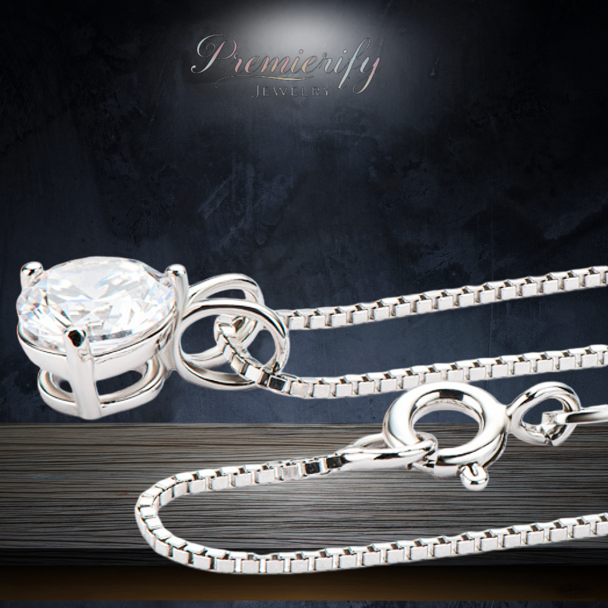 Silver necklace with a large diamond pendant on a dark background, branded 'Premierify Jewelry'.