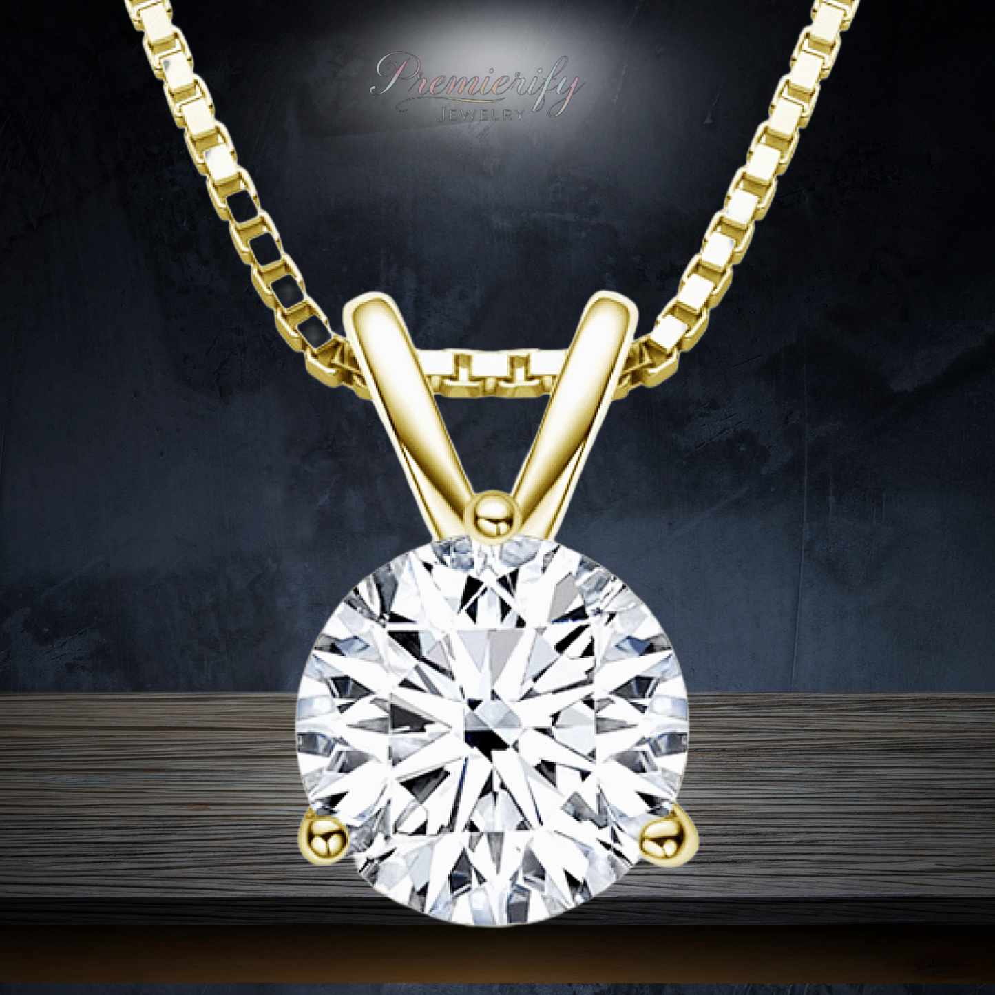 Gold necklace with a round diamond pendant on a dark background