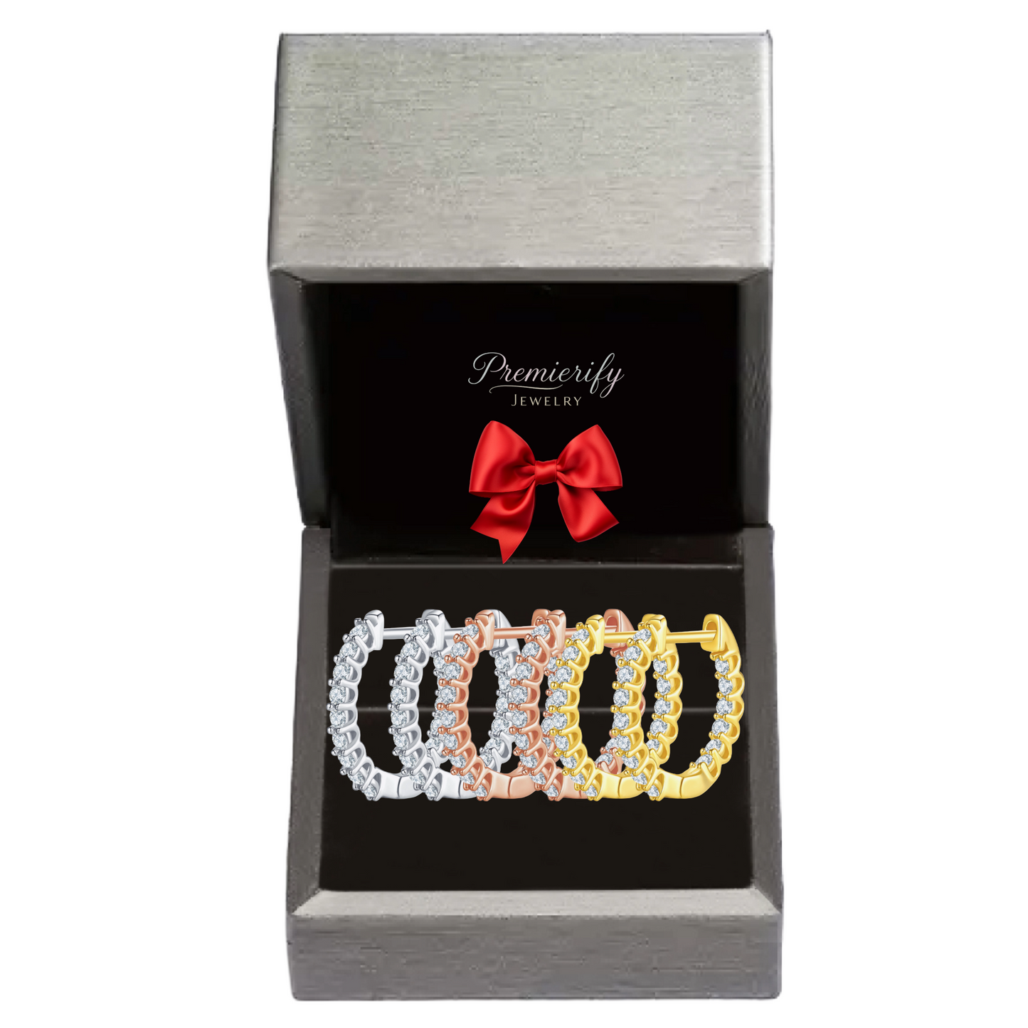 Three diamond-encrusted hoop earrings in silver, rose gold, and yellow gold displayed in a Premierify Jewelry box.
