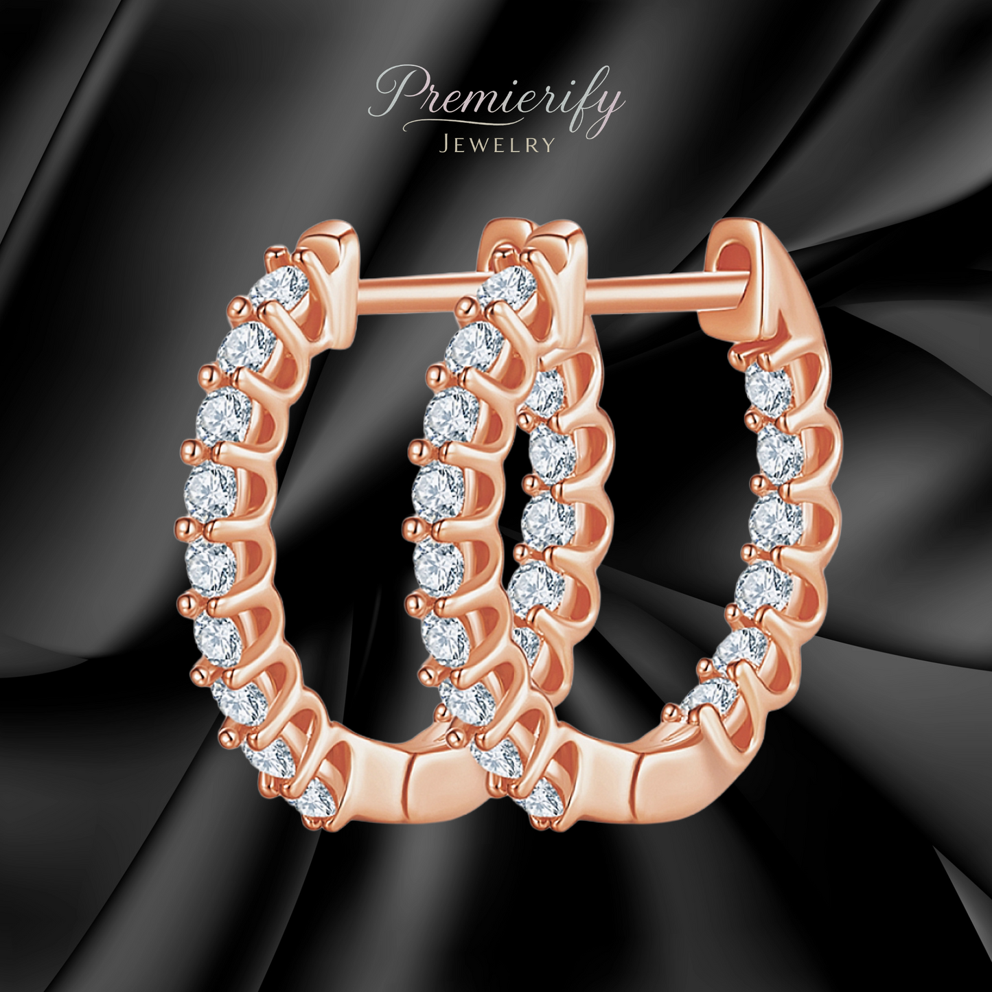 Rose gold hoop earrings with diamonds on a black satin background, branded 'Premierify Jewelry'.