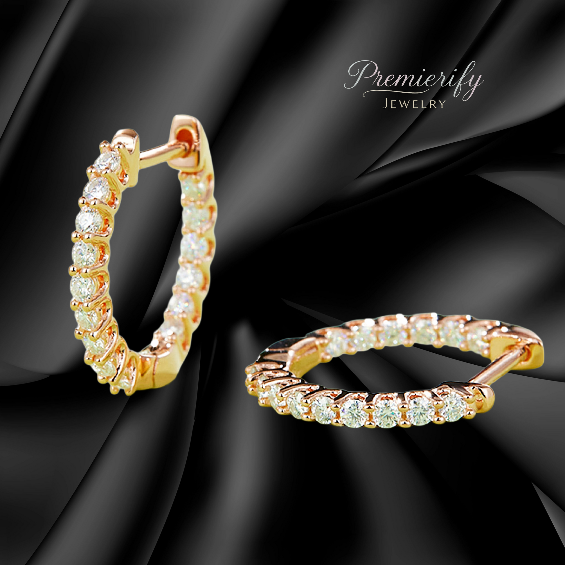 Gold hoop earrings with diamonds on a black satin background, featuring the brand 'Premierify Jewelry'.
