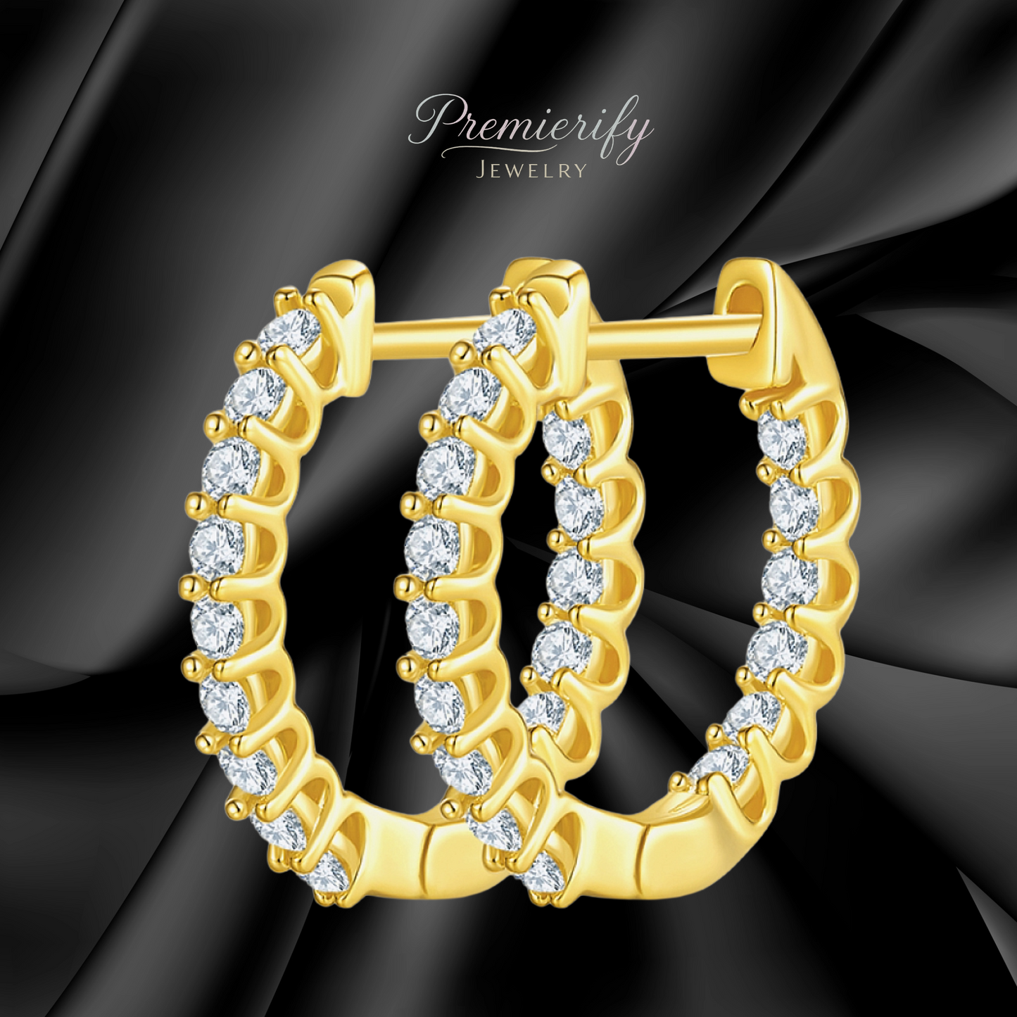 Gold hoop earrings with diamonds on a black satin background, branded 'Premierify Jewelry'.