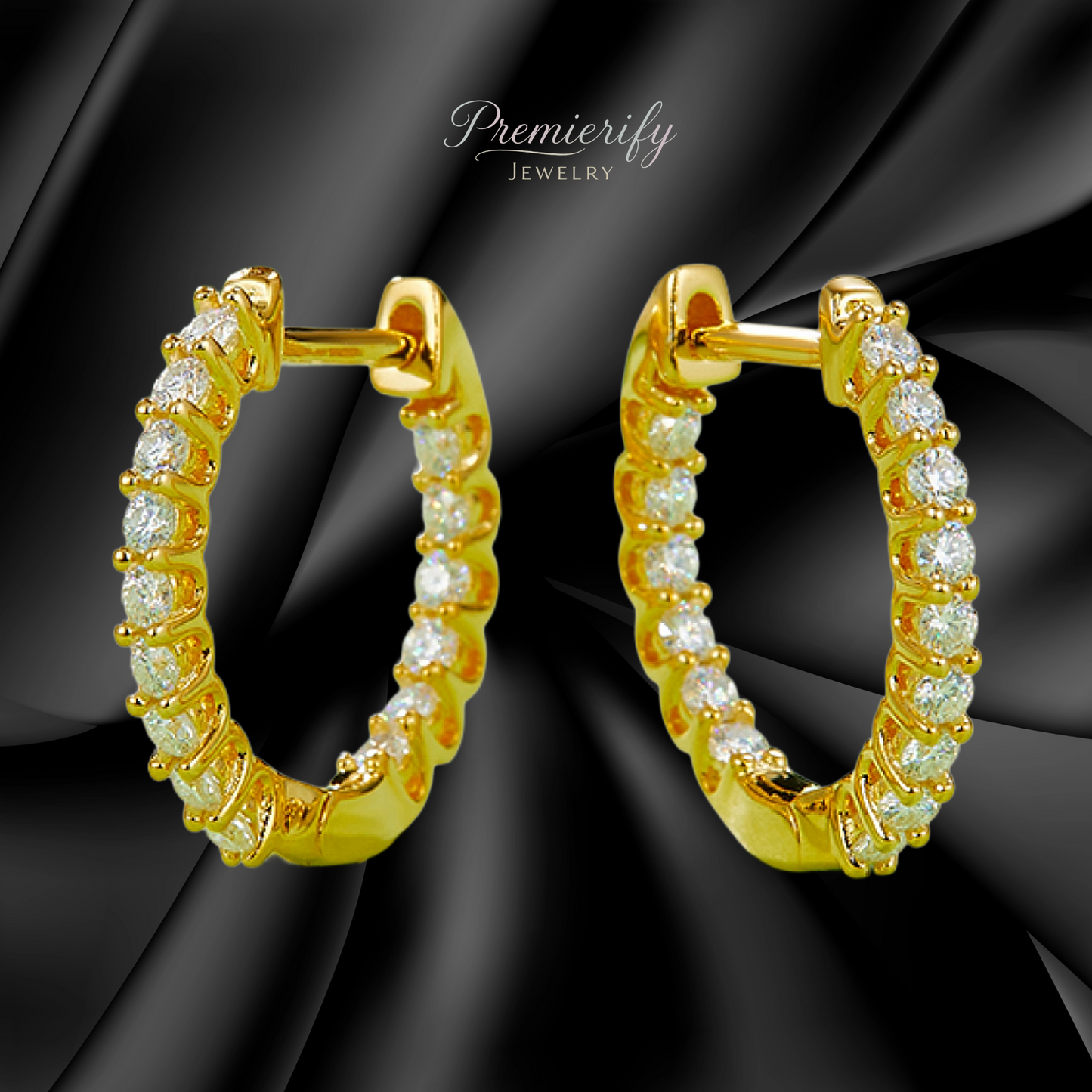 Gold hoop earrings with diamonds on a black satin background, branded 'Premierify Jewelry'.