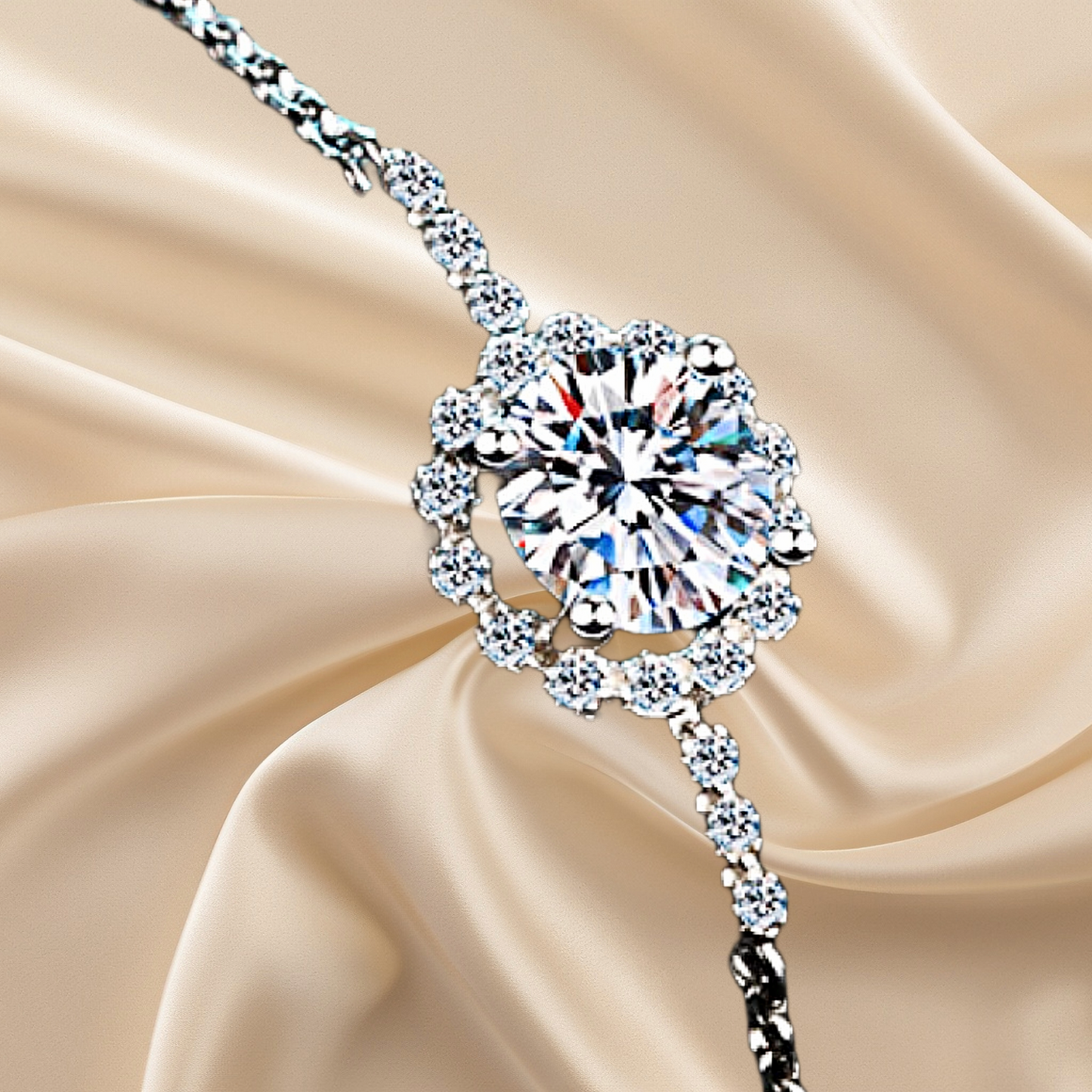 Diamond necklace on a beige satin background