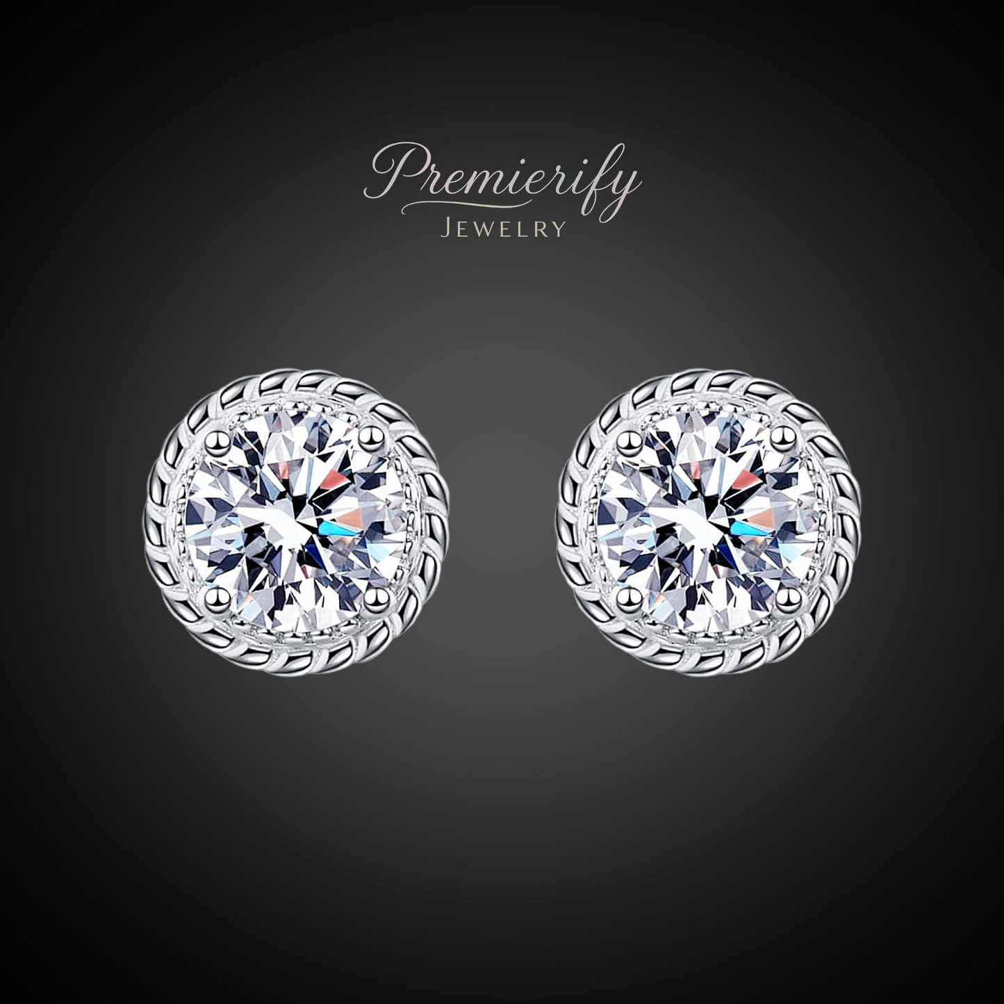 Pair of silver earrings with clear gemstones on a dark background, branded 'Premierify Jewelry'.