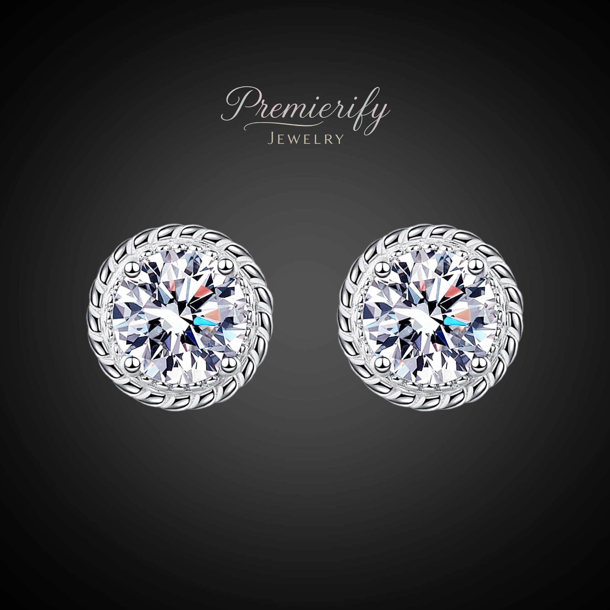 Pair of silver earrings with clear gemstones on a dark background, branded 'Premierify Jewelry'.
