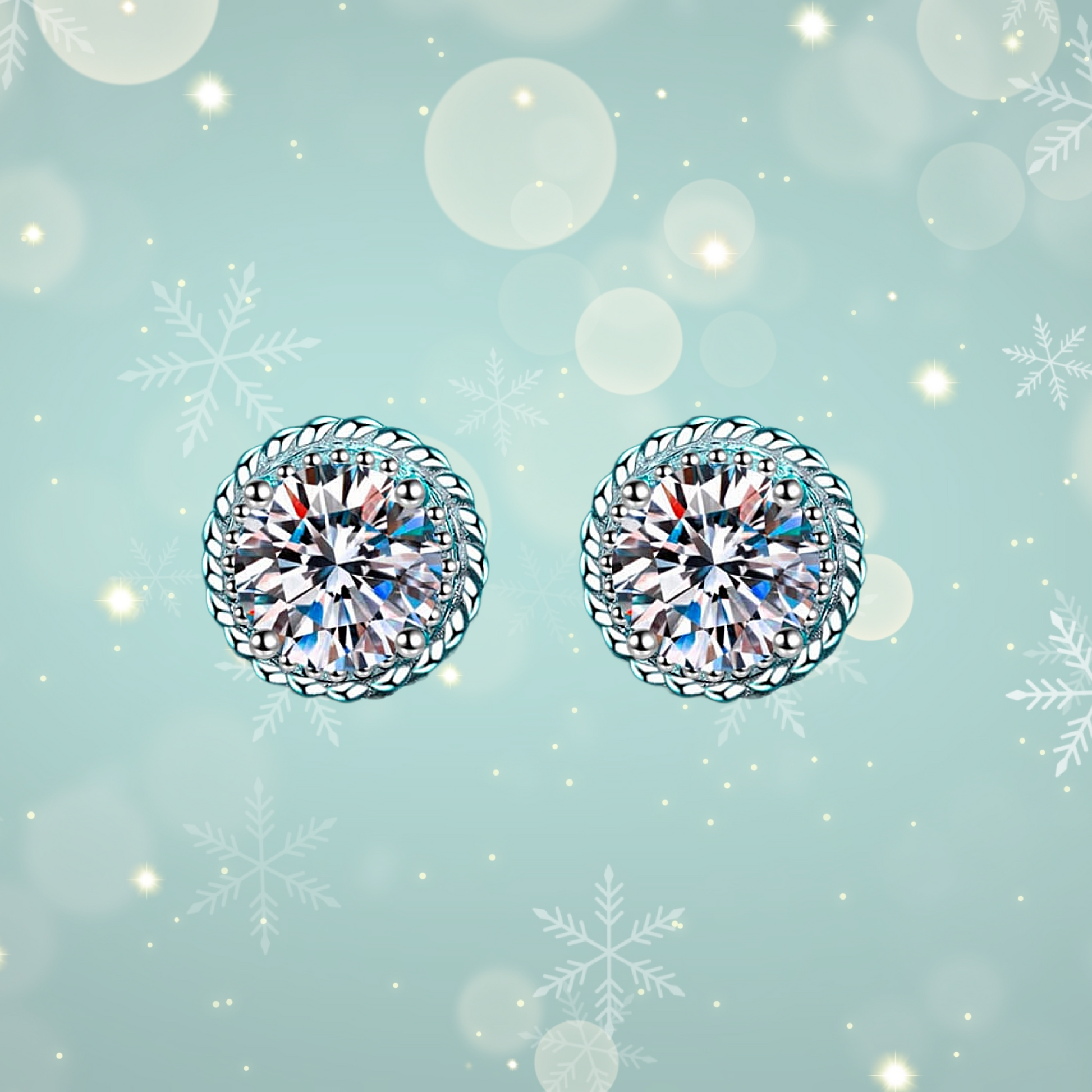 Pair of diamond earrings on a light blue background with snowflake designs
