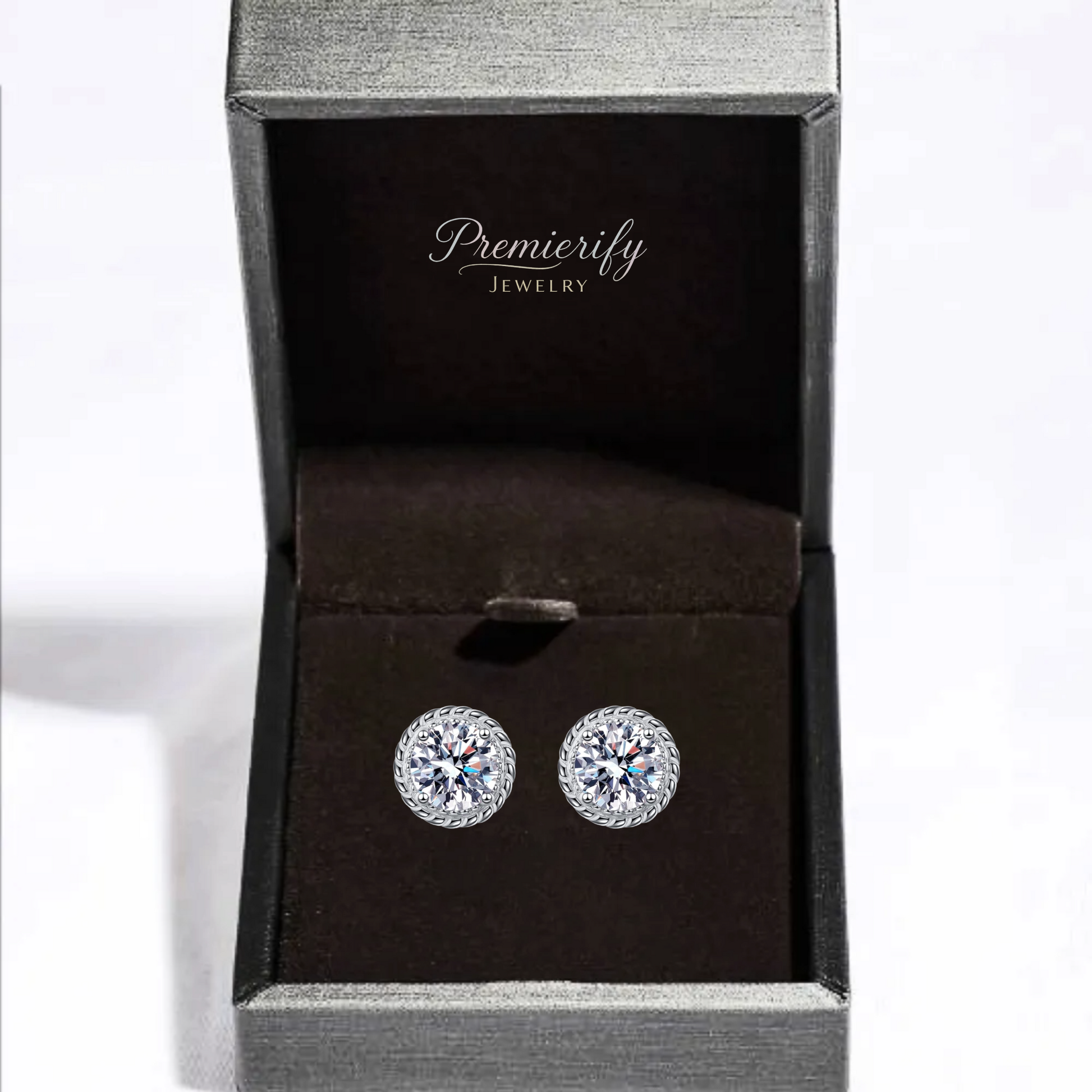 Silver round earrings in a Premierify Jewelry box on a white background