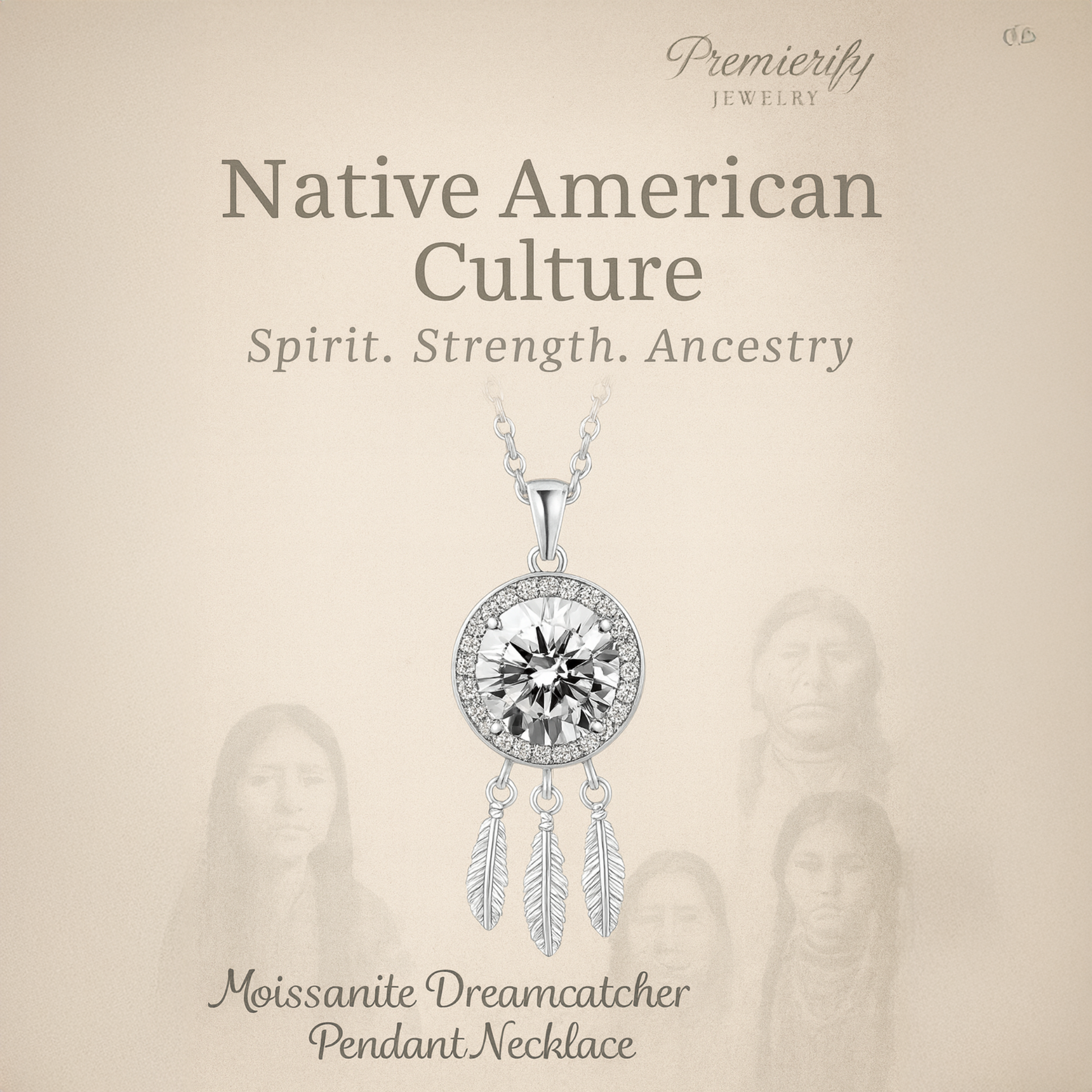 Moissanite Dreamcatcher Pendant Necklace with 'Premierify Jewelry' branding on a beige background.