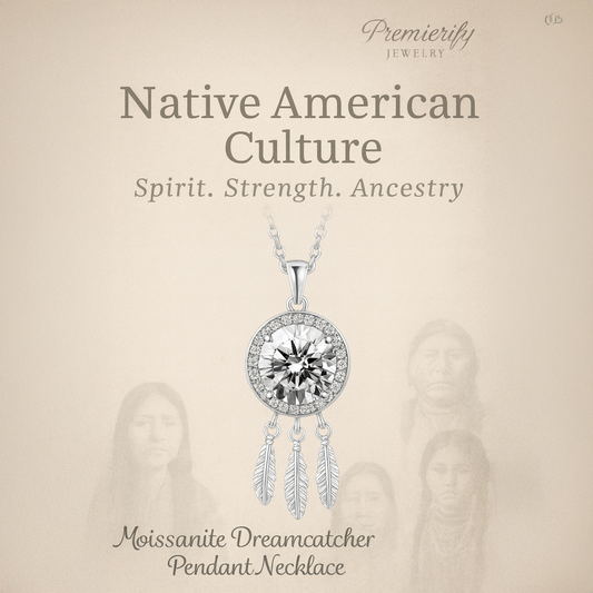 Moissanite Dreamcatcher Pendant Necklace with 'Premierify Jewelry' branding on a beige background.
