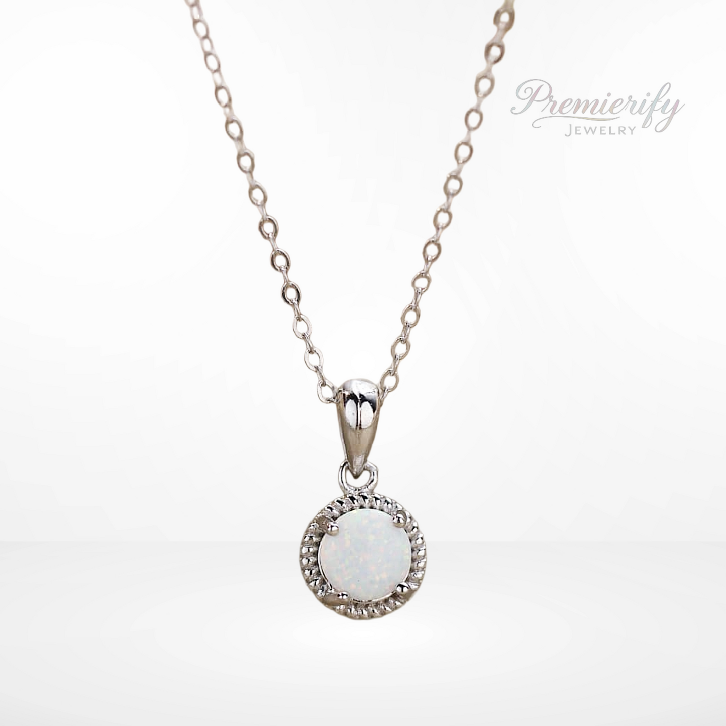 Necklace with a pendant featuring a white opal on a white background, branded 'Premierify Jewelry'.