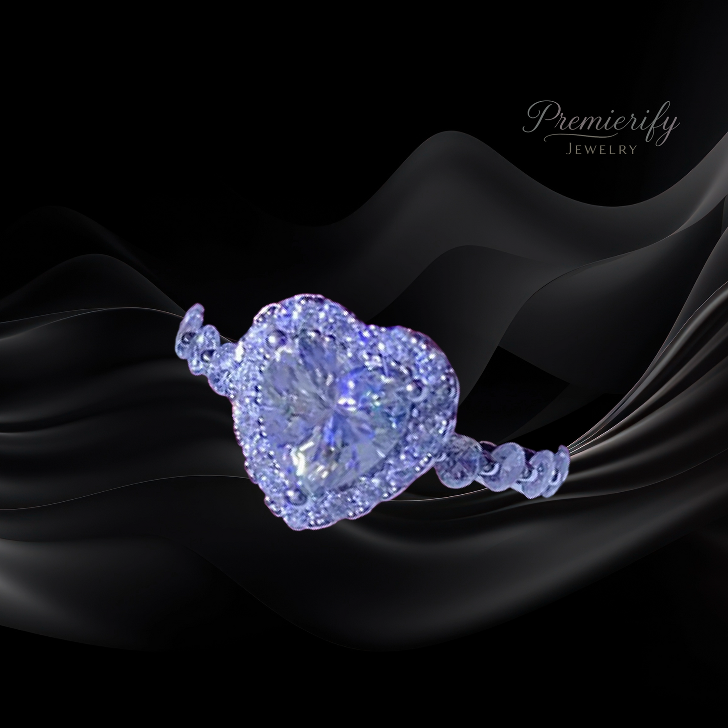 Elegant diamond ring on black fabric with 'Premierify Jewelry' branding.