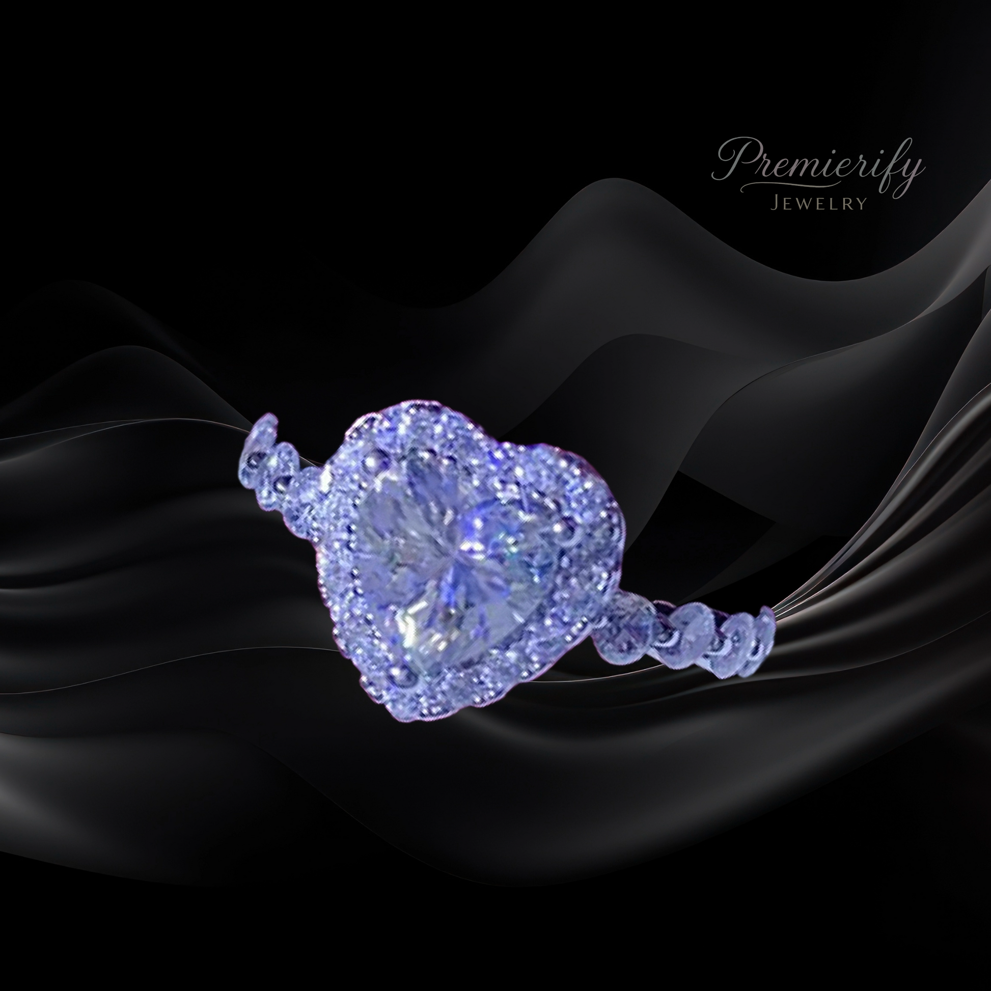 Elegant diamond ring on black fabric with 'Premierify Jewelry' branding.