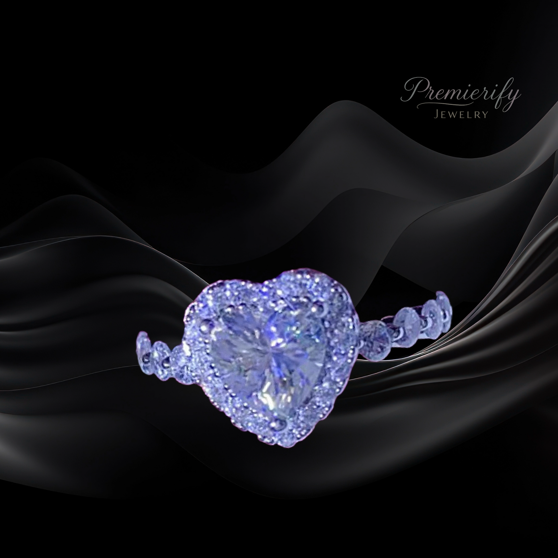 Heart-shaped diamond ring on black fabric with 'Premierify Jewelry' branding.
