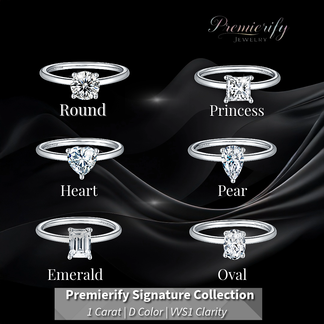 Diamond ring collection with various shapes on a black background, featuring the brand 'Premierify Jewelry'.