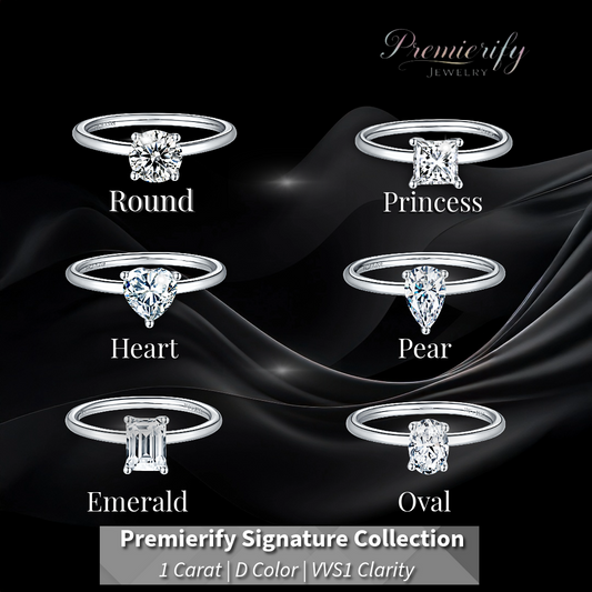 Diamond ring collection with various shapes on a black background, featuring the brand 'Premierify Jewelry'.