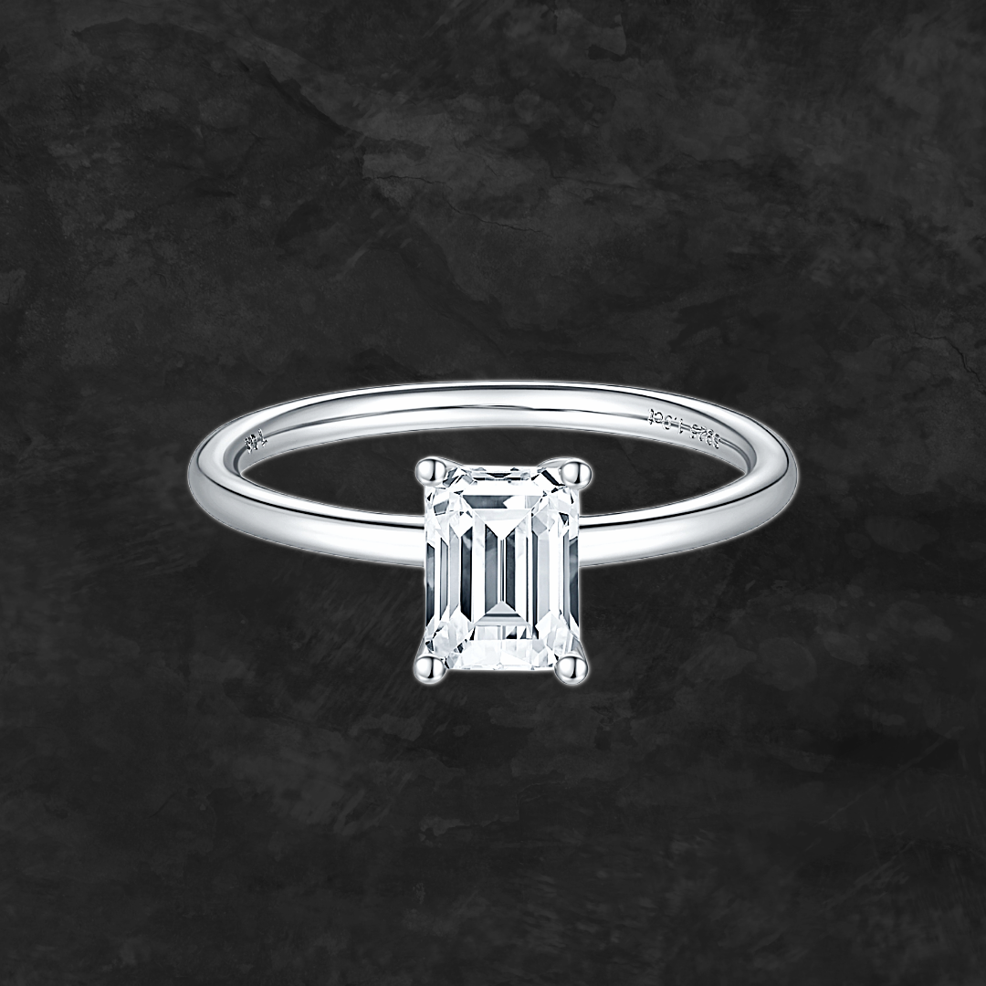 Premierify™ 1 ct moissanite engagement ring in emerald cut, platinum-plated 925 sterling silver.