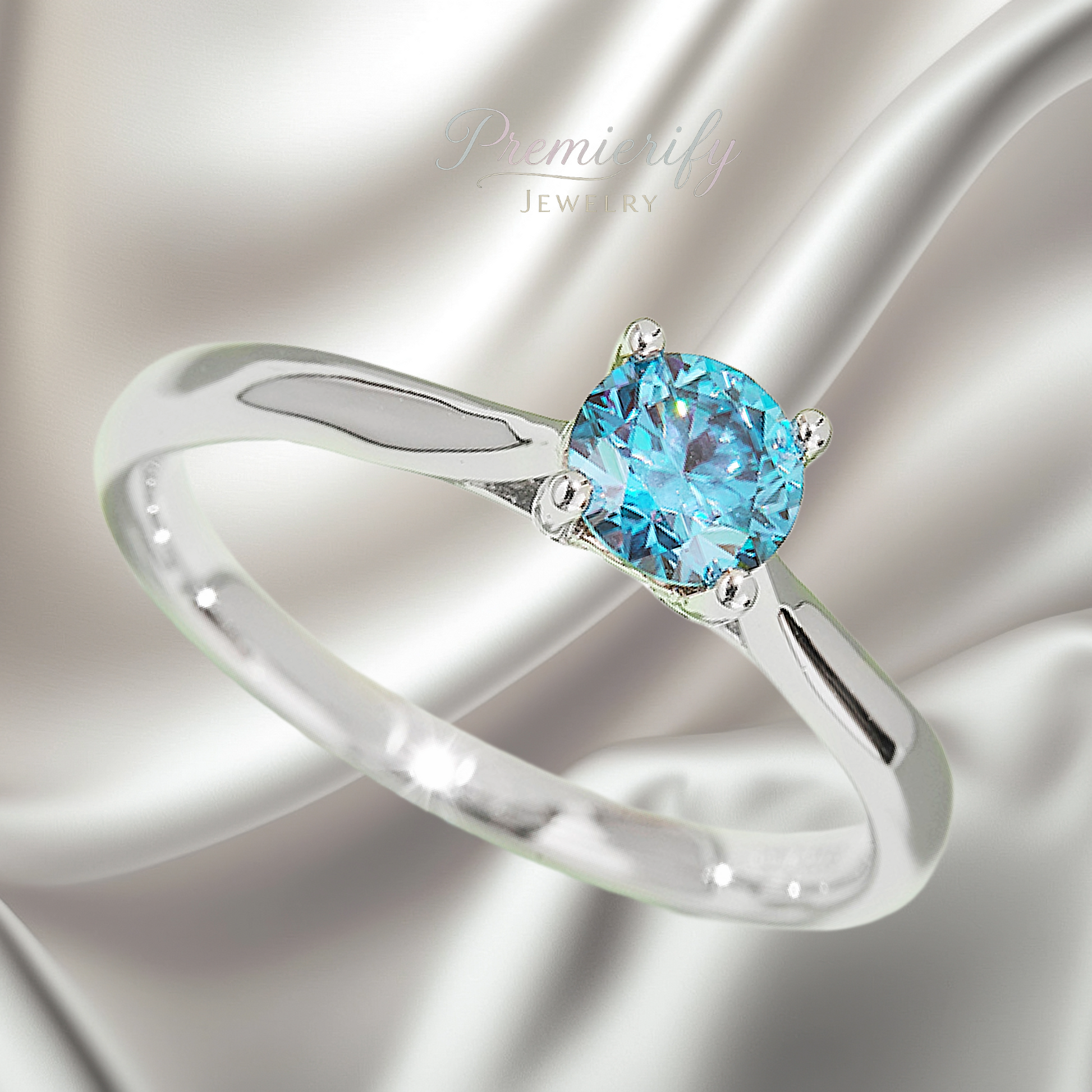 Silver ring with a blue gemstone on a silver background