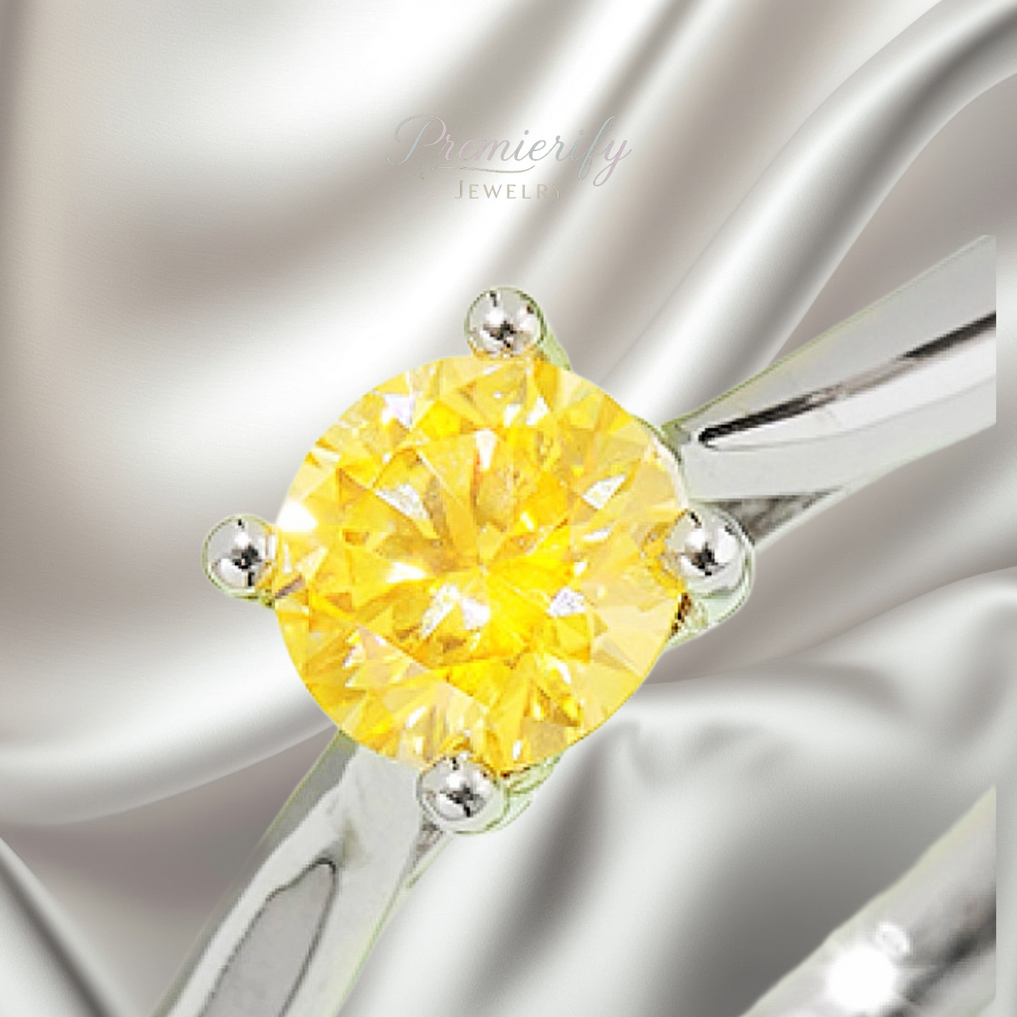 Yellow diamond earring on a silver background with 'Premierly Jewelry' branding.