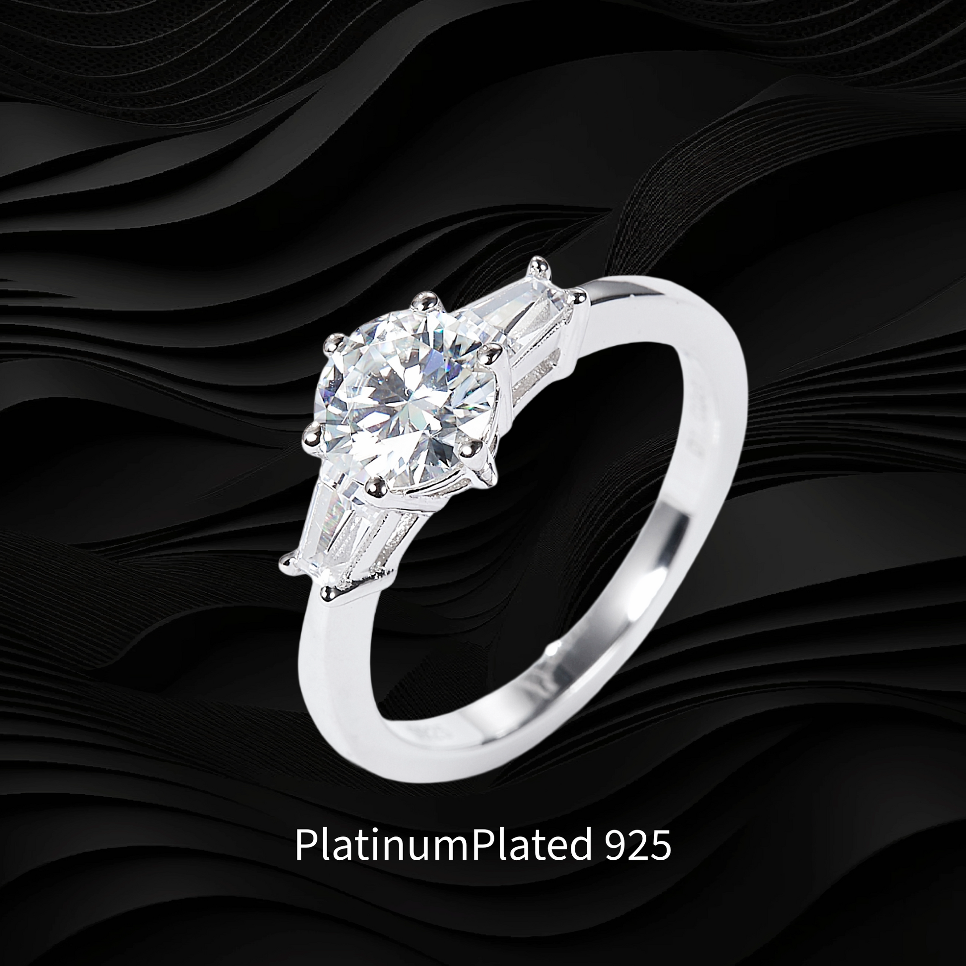 Platinum-plated ring with a diamond on a black wavy background