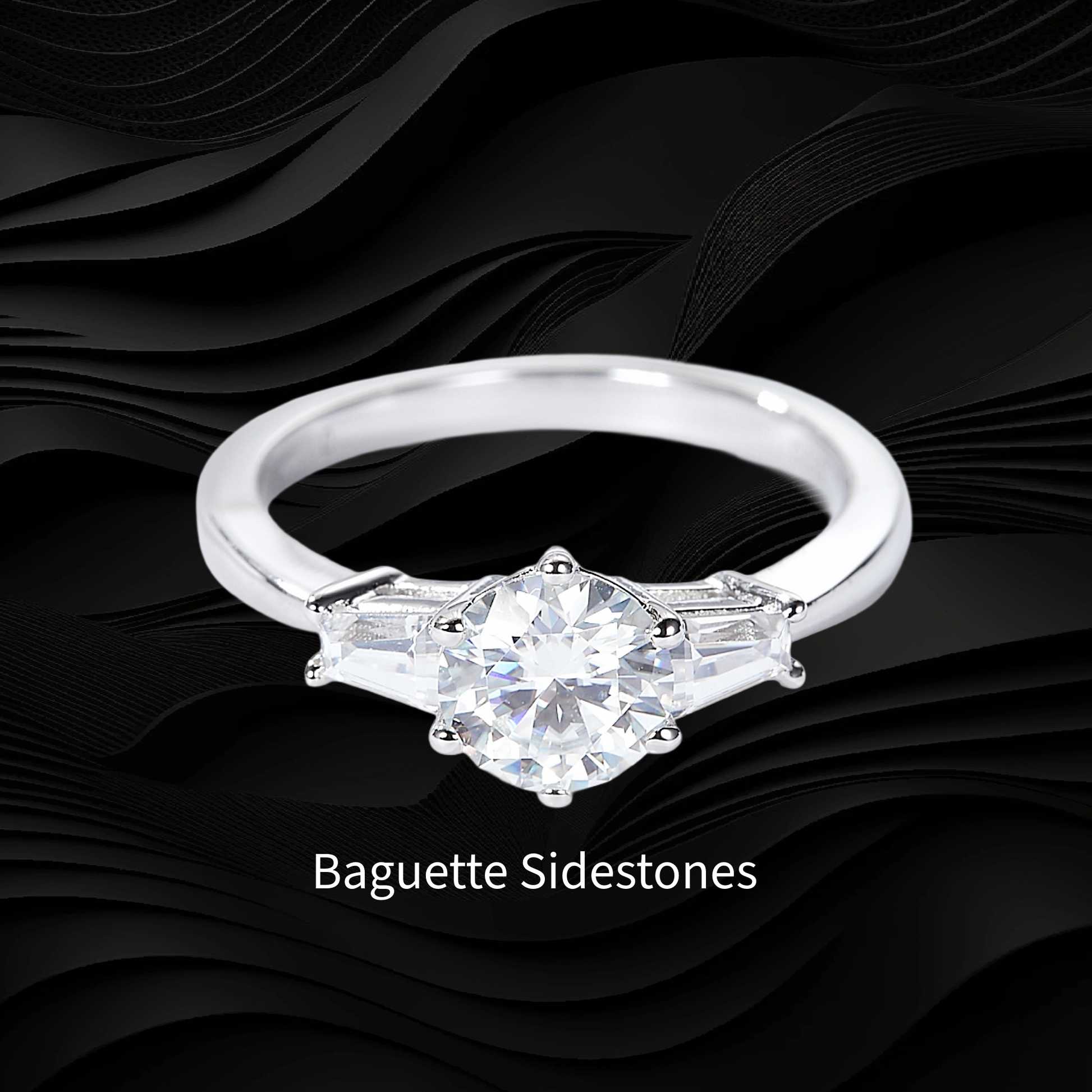 Silver ring with a large diamond and smaller baguette diamonds on a black wavy background