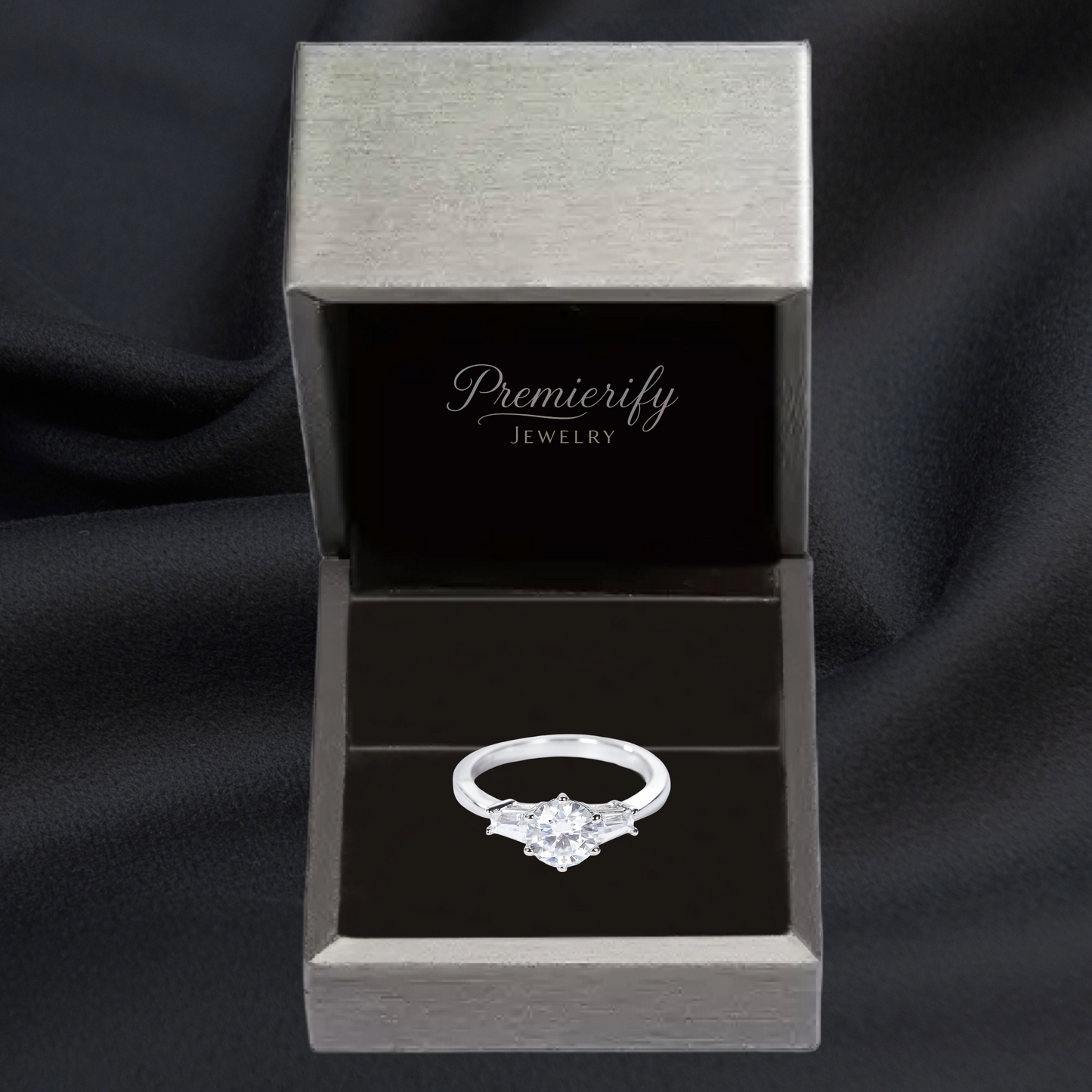 Diamond ring in a Premierify Jewelry box on a dark background
