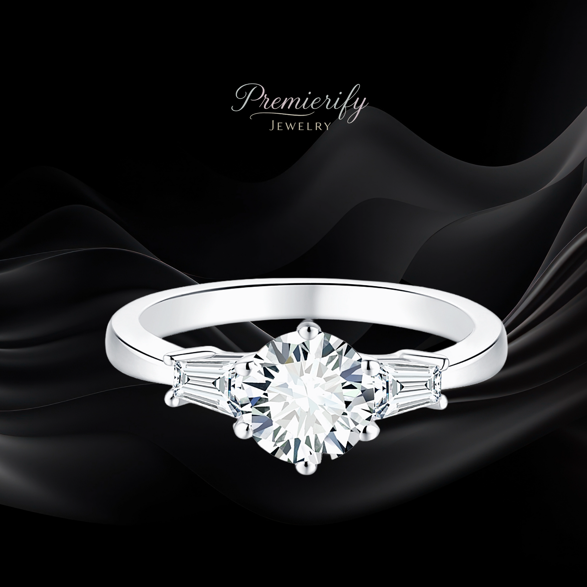 Diamond ring with baguette side stones on a black fabric background, featuring the brand 'Premierify Jewelry'.