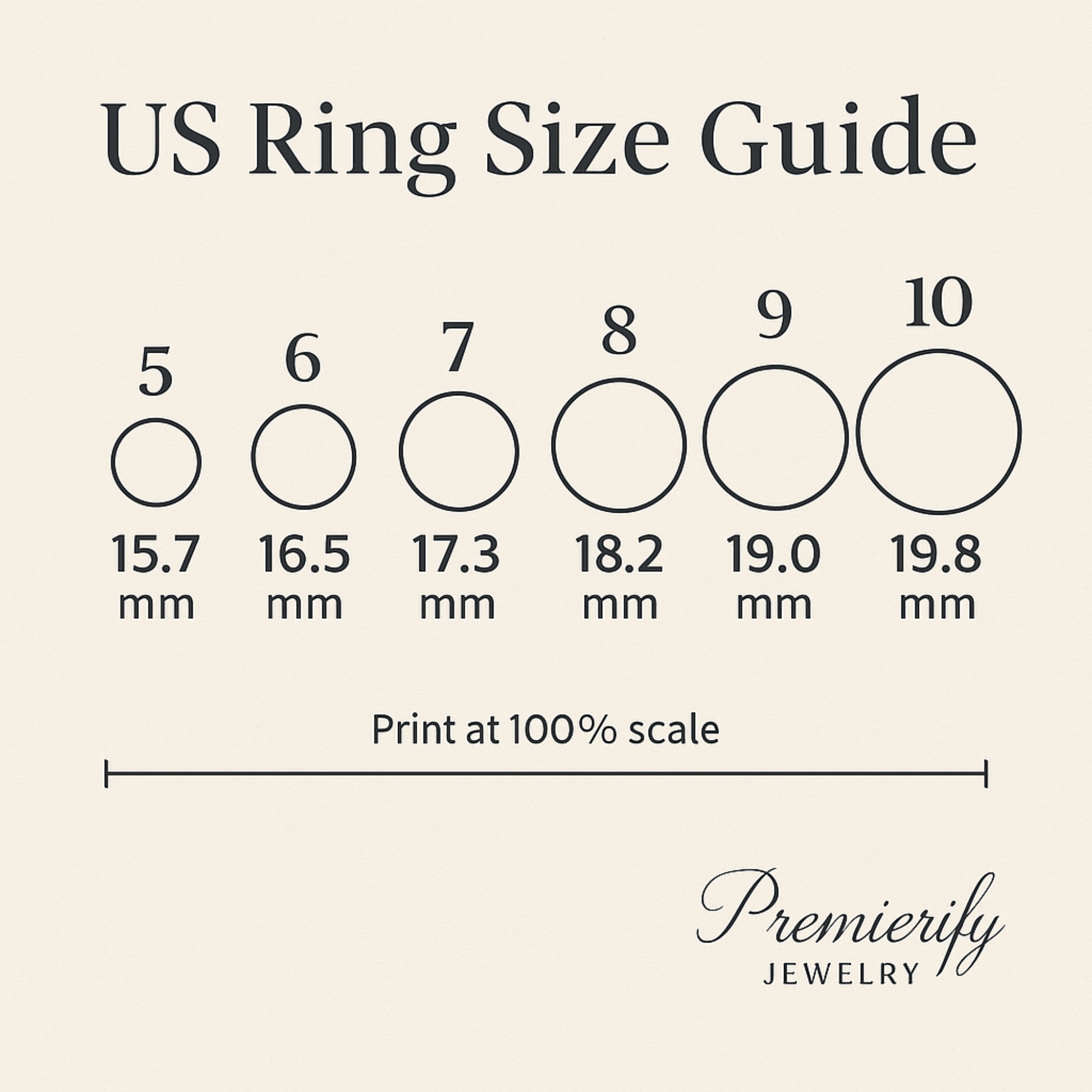 US ring size chart from Premierify Jewelry for measuring accurate ring fit