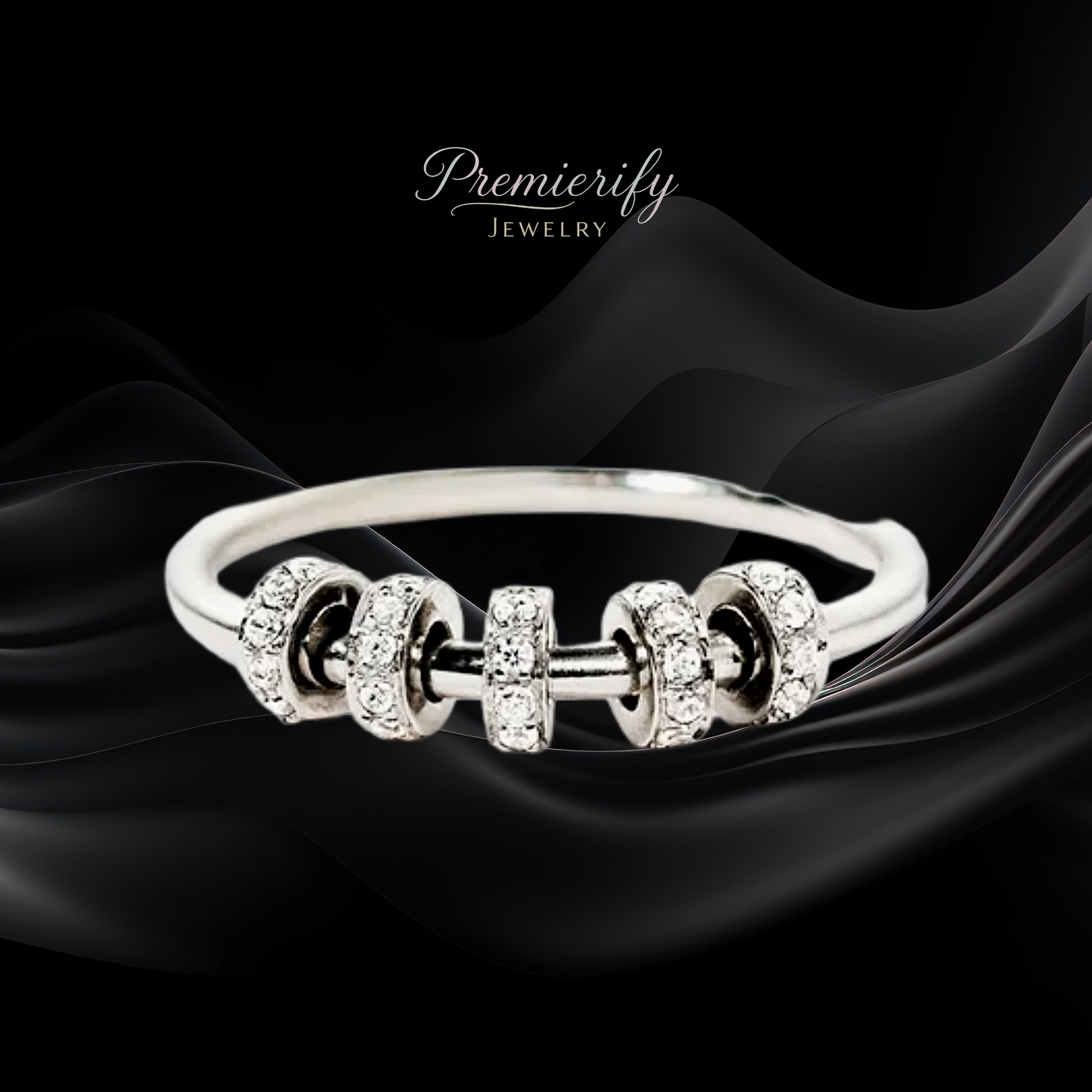 Silver bracelet with barbell charm on black fabric, branded 'Premierify Jewelry'.